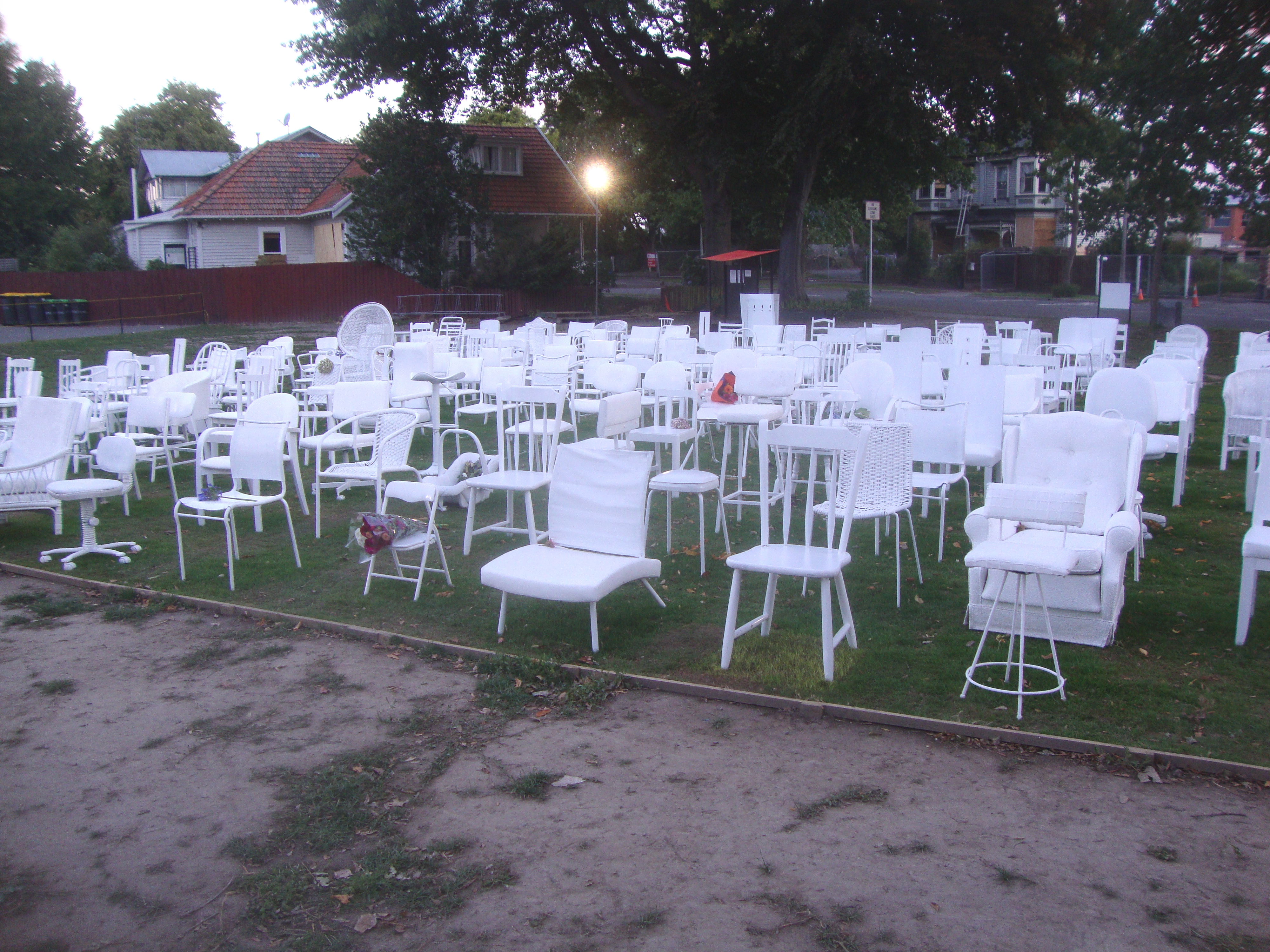 "185 Empty Chairs", a temporary memorial to the victims of the 2011 Christchurch earthquake on the former site of the Oxford Terrace Baptist Church.
