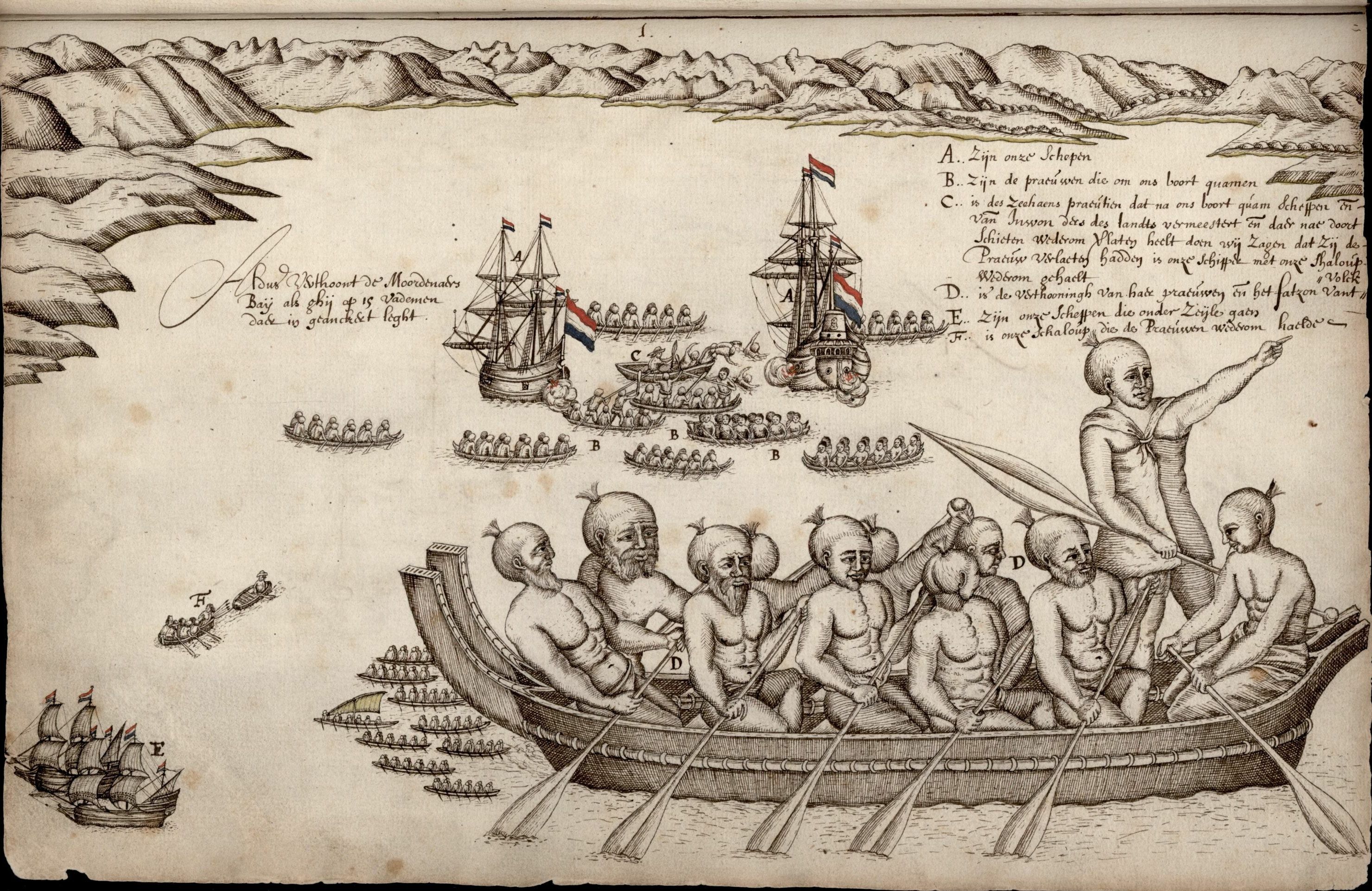 A view of the Murderers' Bay, as you are at anchor here in 15 fathom (text upper left). A drawing with description made by Abel Tasman's artist Isaack Gilsemans on the occasion of a skirmish between the Dutch explorers and Māori people at what is now called Golden Bay, New Zealand. This drawing is the first European impression of Māori people. Translation of the index on the right:
A. are our ships (on the left the 'Zeehaen', on the right the 'Heemskerck').
B. are the pirogues that came around our ships.
C. is the pirogue of the Zeehaen, which was taken by the inhabitants of these lands while paddling towards our ship (the Heemskerck) and subsequently left again (by the Māori) after gunfire. Our skipper was picked up with our sloop, after we saw that they had left the pirogue.
D. is the appearance of her pirogues and the appearance of the people.
E. are our ships going under sail.

F. is our sloop which returned the pirogue.