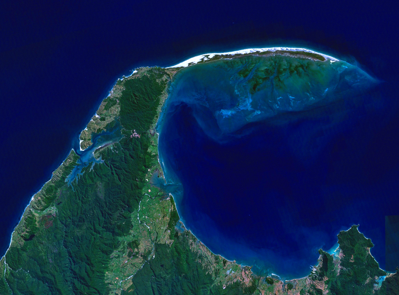 Farewell Spit in New Zealand. - This is a composite Landsat false-colour satellite montage made with NASA World Wind.