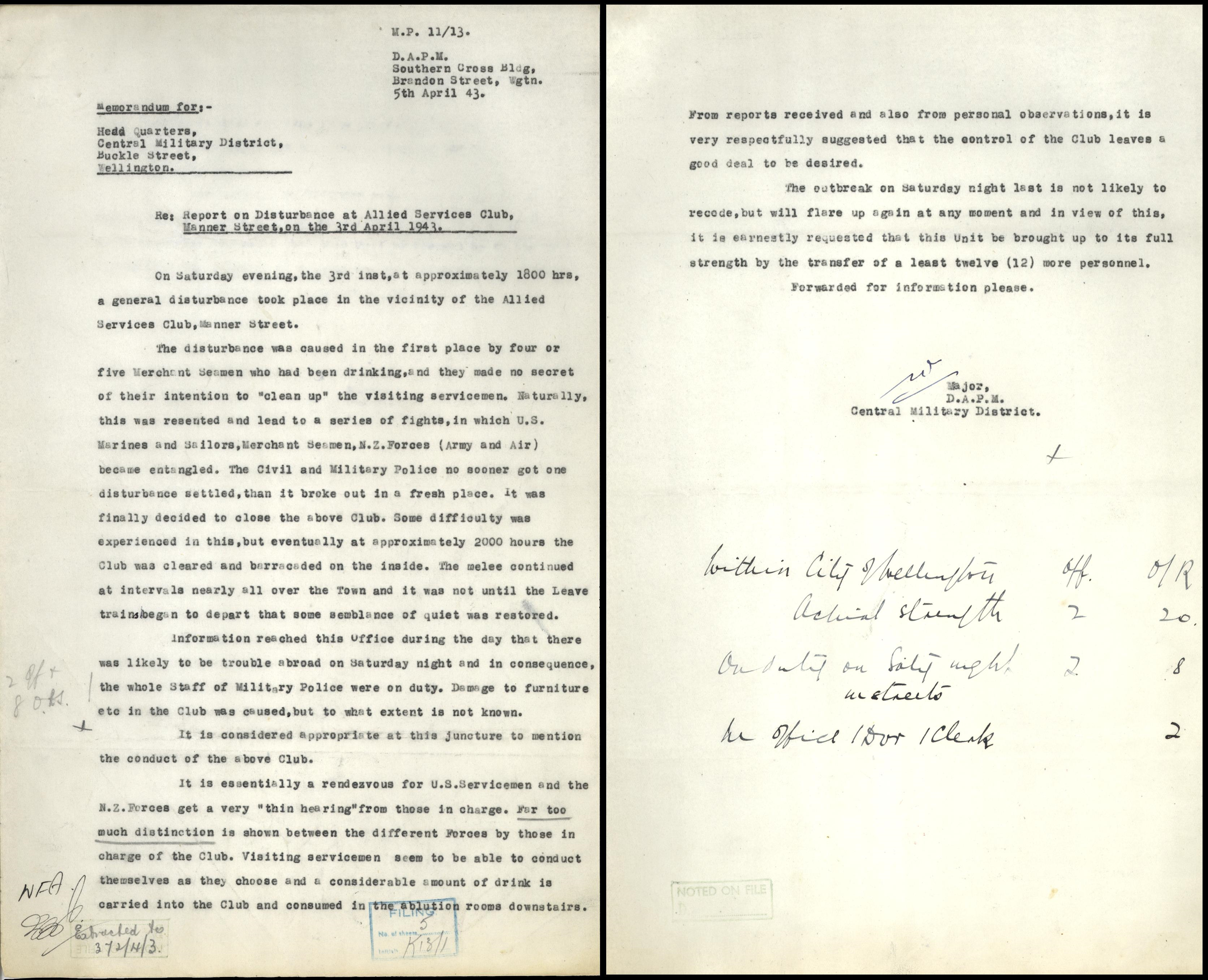 D.A.P.M. report to the Headquarters about the Battle of the Manners Street that happened on 3 April 1943