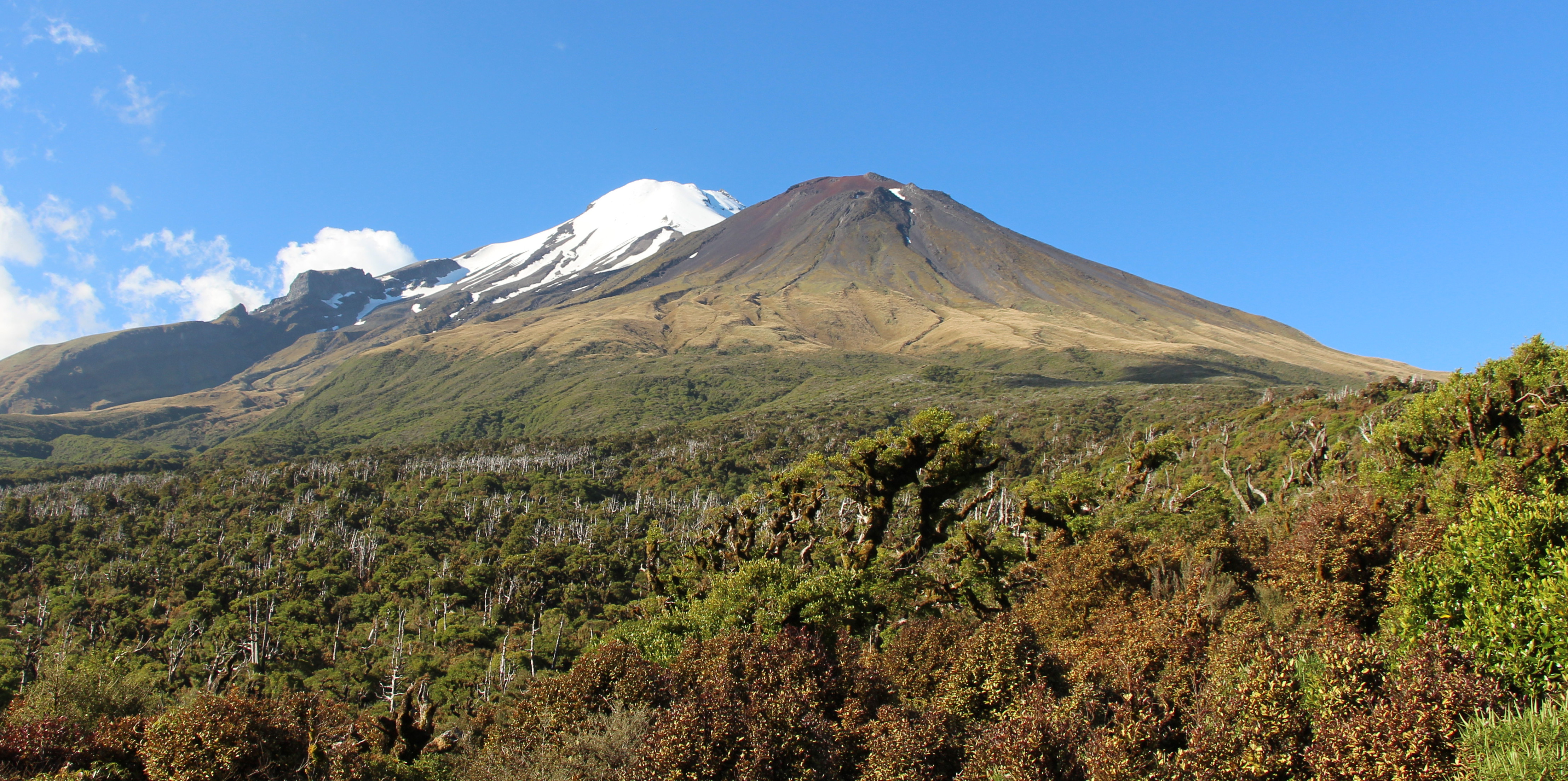 Mount Taranaki (left) &amp; Fanthams Peak from Dive Lake. Egmont National Park, New Zealand