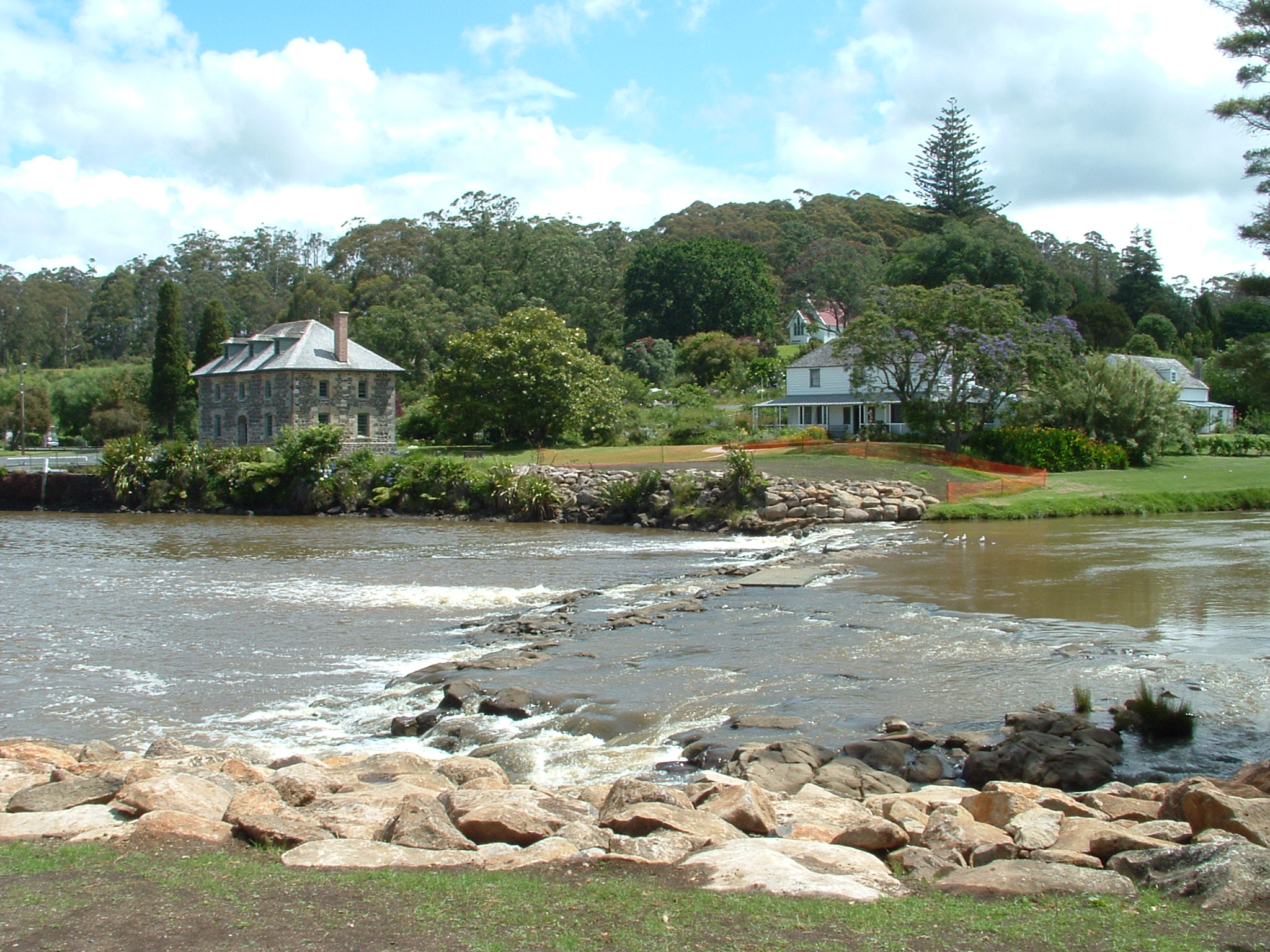 Photo of point where Kerikeri River meets the Pacific Ocean at the top of the Kerikeri Inlet in the Bay Of Islands, New Zealand The old stone store bridge was located for decades where the ford can be seen, but was removed late in 2008. Photo by User:Kaiwhakahaere, and released PD