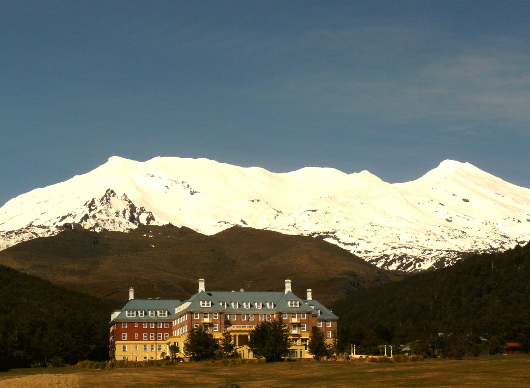 Mt. Ruapehu (the highest point in the North Island at 2797 m.) is one of three active volcanoes in the Tongariro National Park, which is a listed dual World Heritage Area. At its foot is the impressive Chateau Tongariro hotel. Ruapehu last erupted in Sept. 2007.