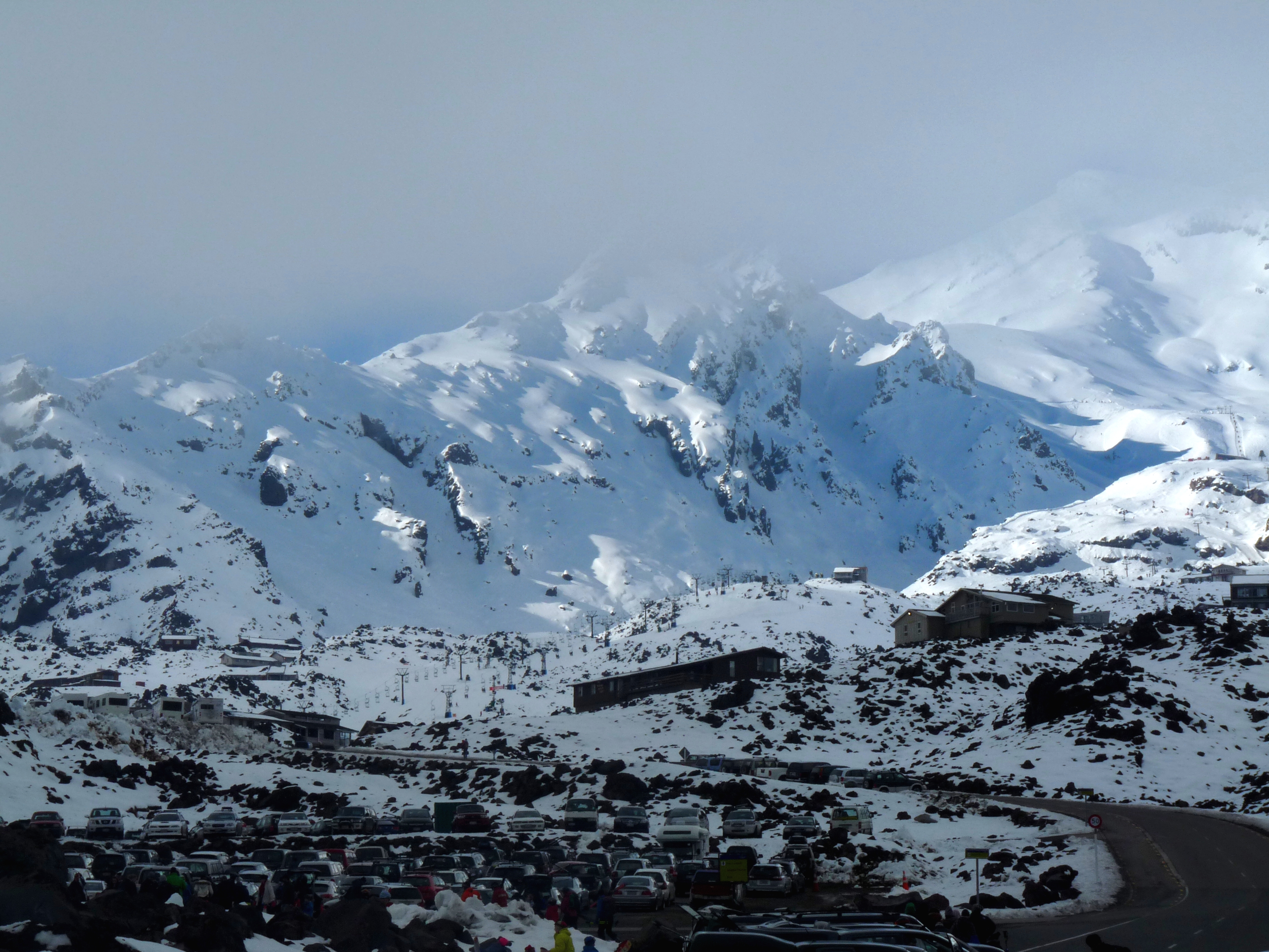 Looking upwards towards Whakapapa Skifield (on Mt. Ruapehu) from down at the carpark.
