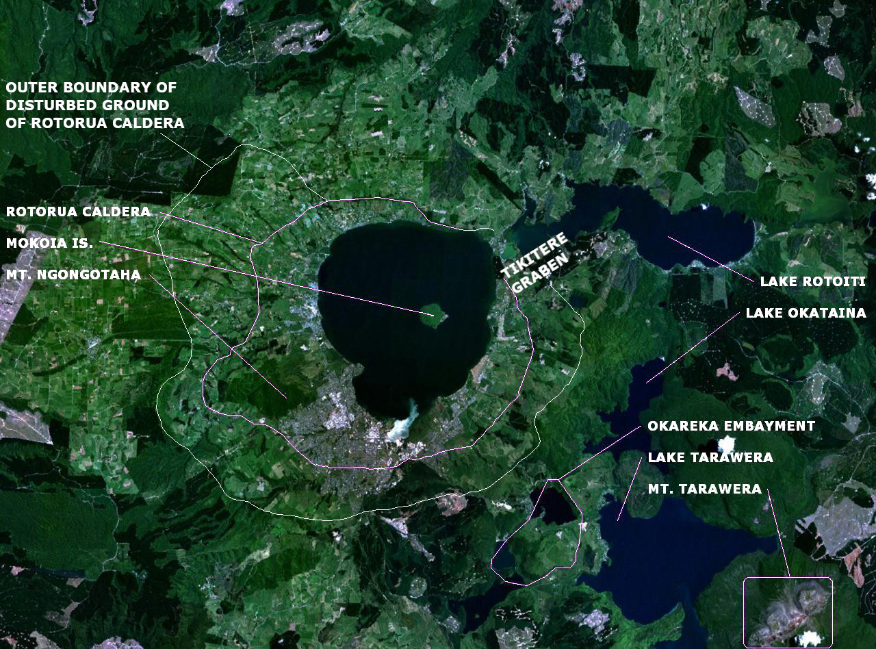 en:NASA World Wind false-colour landsat-7 composite satellite photo of en:Lake Rotorua in en:New Zealand. en:Category:Taupo Volcanic Zone