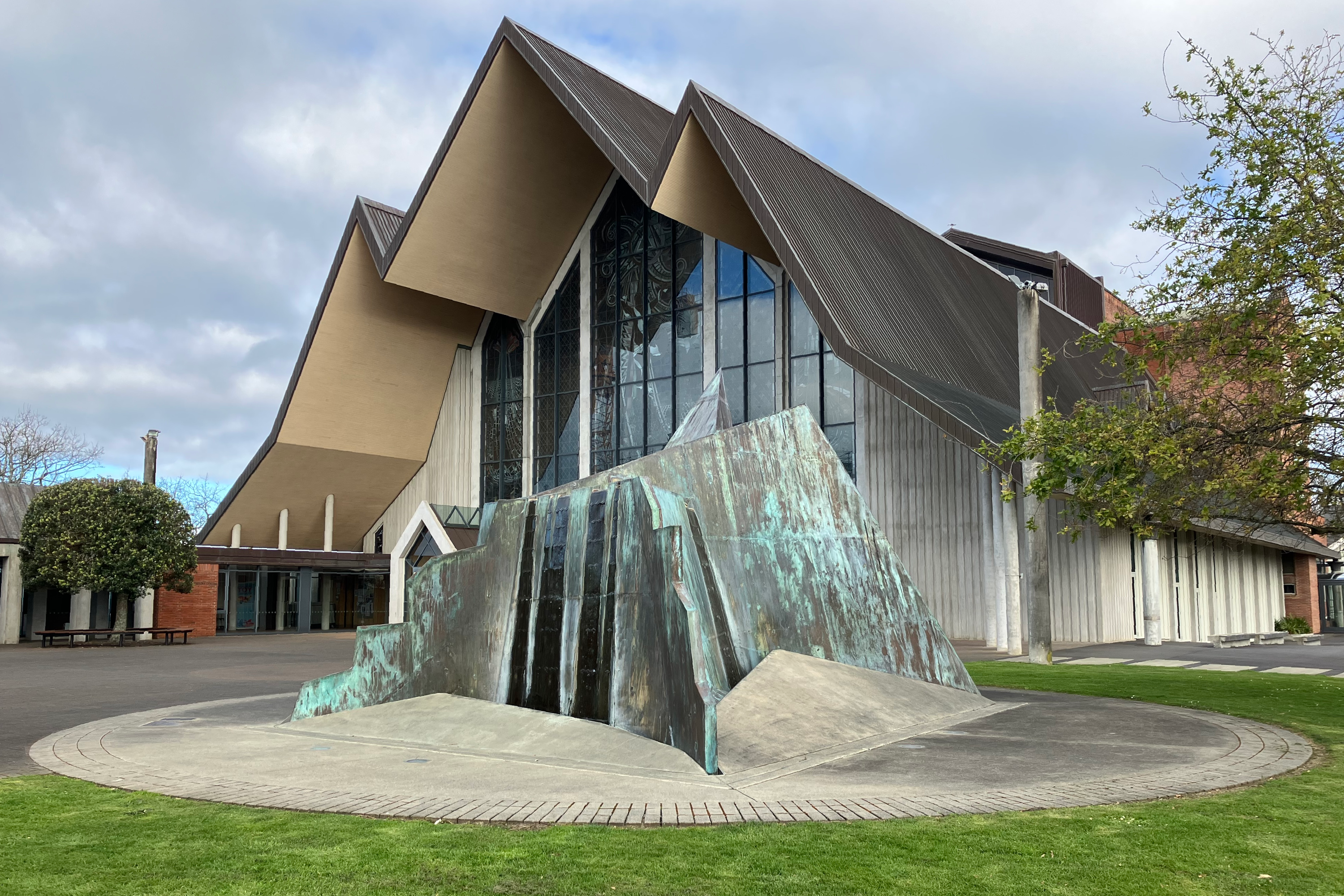 Mountain Fountain sculpture by Terry Stringer in forecourt of Holy Trinity Cathedral. View of northwest corner.