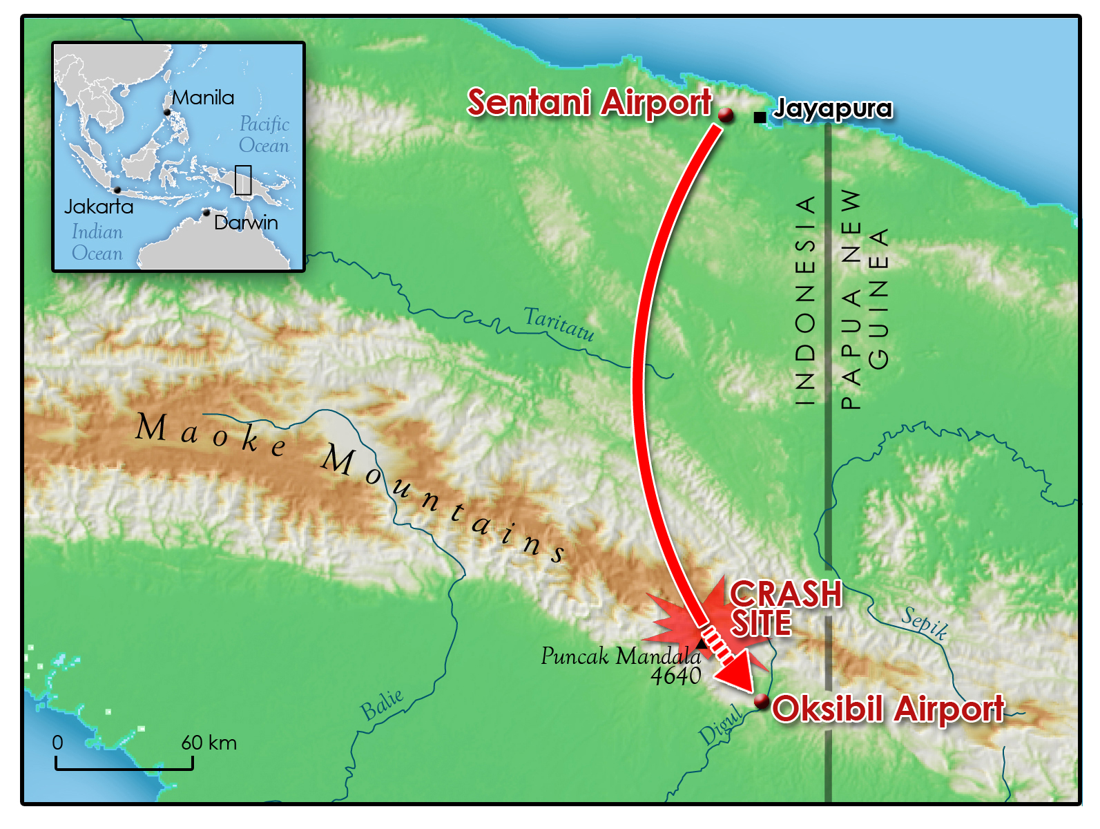 Map of Trigana Air 267 crash site in Papua, Indonesia