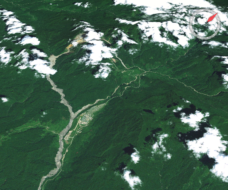 NASA World Wind image of Tabubil, looking NW towards Ok Tedi Mine