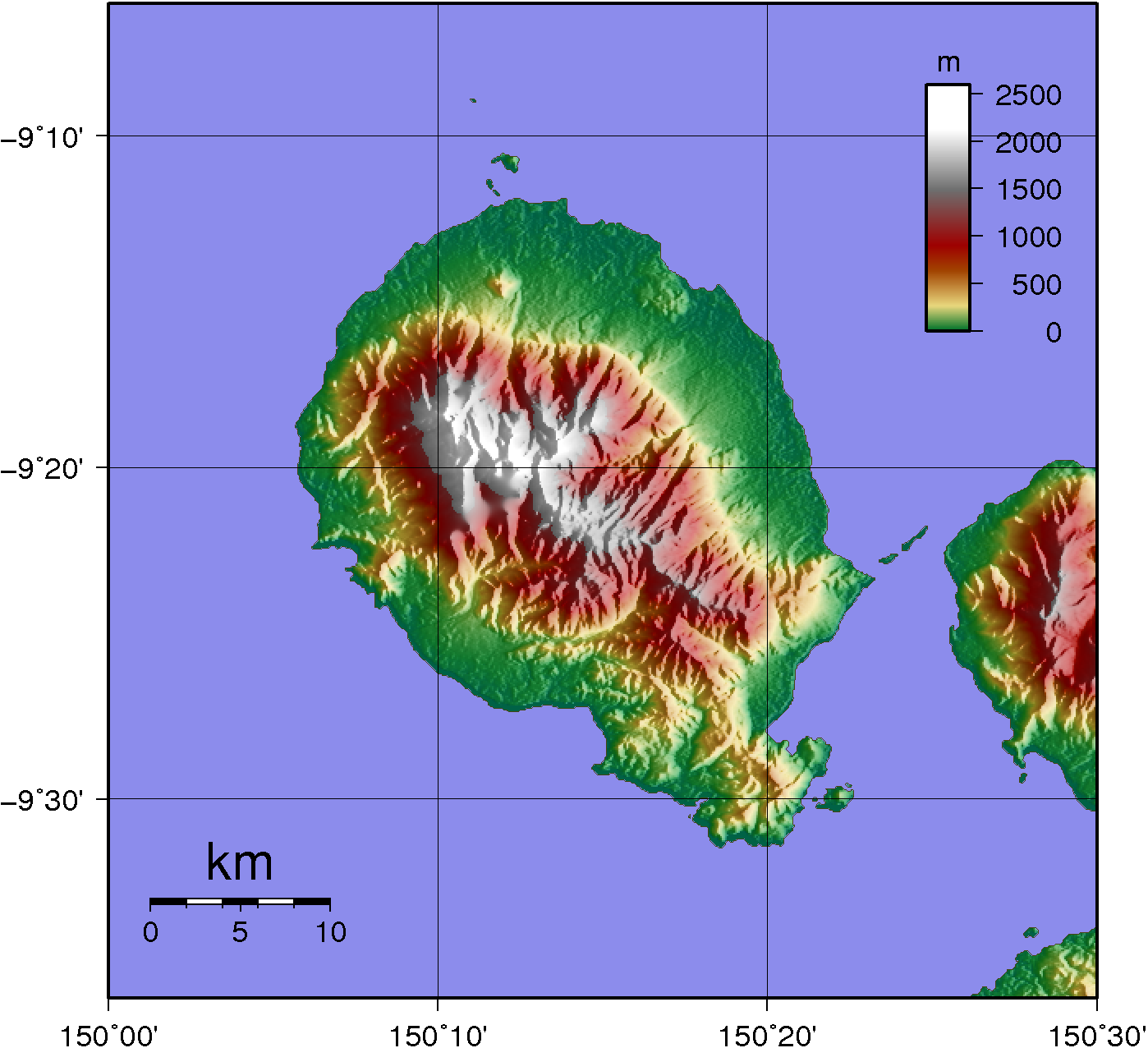 Topographic map of Goodenough Island

SRTM data has lots missing data up in the mountains...