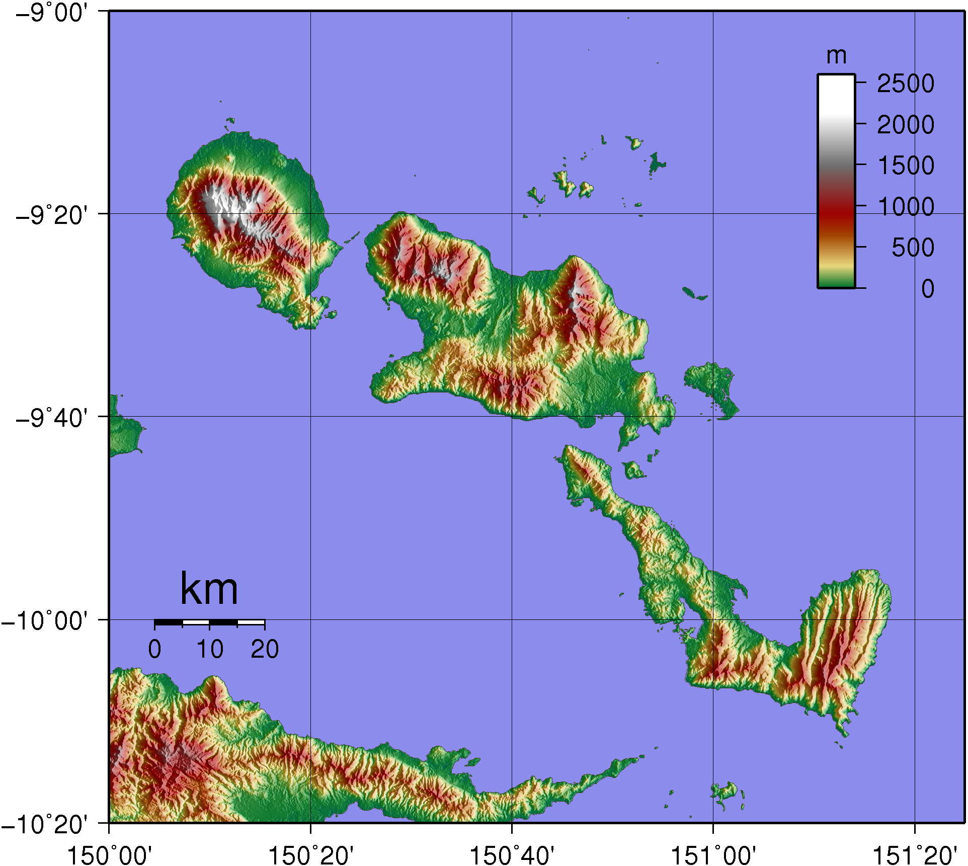 Topographic map of D'Entrecasteaux Islands in Papua New Guinea.