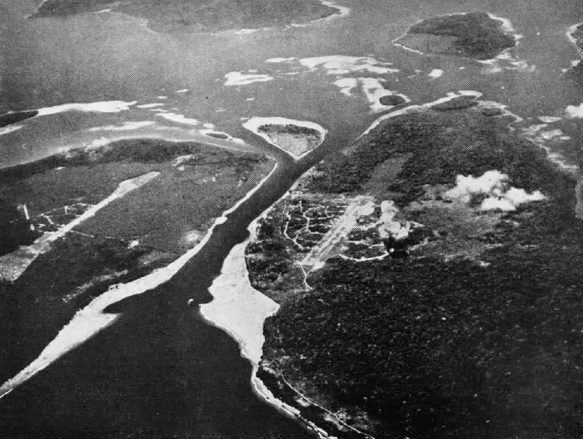 An aerial photograph of the Buka Passage between Bougainville (left) and Buka (right) islands in the Solomon Islands in 1943. Two Japanese airfields are visible, Buka airfield (center) and Bonis airfield (left). Today Buka airfield is Bougainville's major airport whereas Bonis is disused since the Second World War.