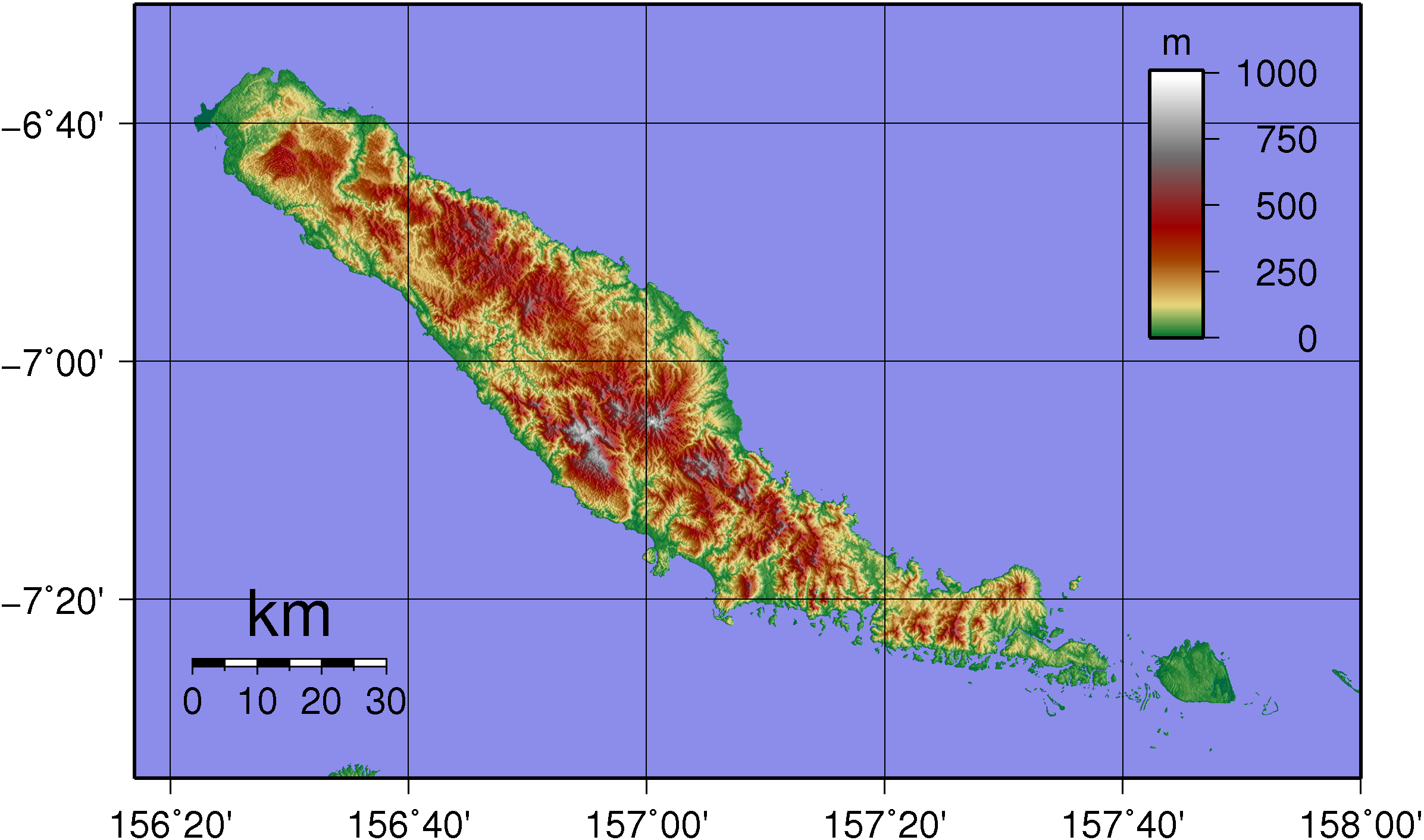 Topographic map of Choiseul Island in Solomon Islands. Created with GMT from pblicly released SRTM data.