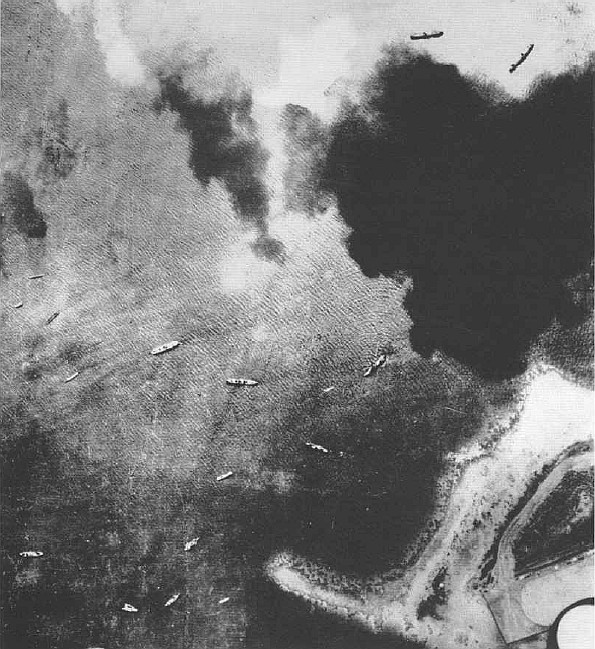 The reconnaissance of Truk on 9th January 1942, by F-Lt R. Yeowart and crew in a specially fitted Hudson Mk IV of No. 6 Squadron. The operation, involving a return flight of 1,405 statute miles, was the longest sea reconnaissance which had been undertaken by the R.A.A.F. in a land-based aircraft. The concentration of enemy shipping and aircraft seen at Truk gave warning of the Japanese thrust south to New Britain and New Ireland
in the next two weeks.
