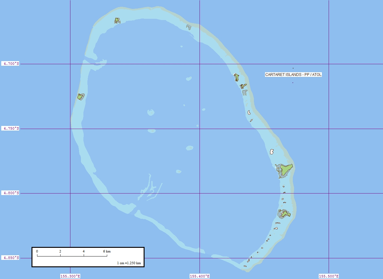 Map of Carteret Atoll (also known as Kilinailau or Tulun Islands), Papua New Guinea