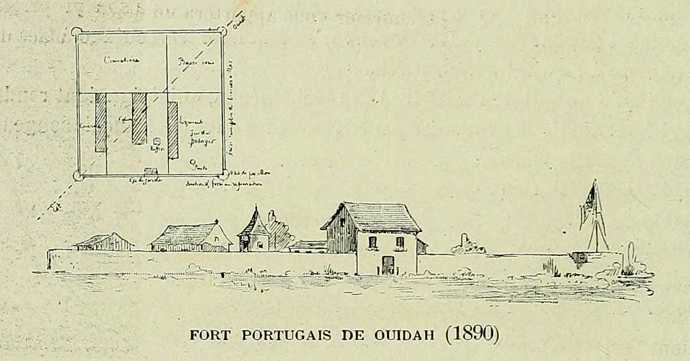 Front and top views of the Portuguese Fort of São João Baptista de Ajudá in 1890. Published in La marine au Dahomey : campagne de "La Naiade" (1890–1892) by A. de Salinis in 1901. The book is a contemporary account of a French naval squadron's involvement in the events leading to the Second Franco-Dahomean War of 1892–1894.