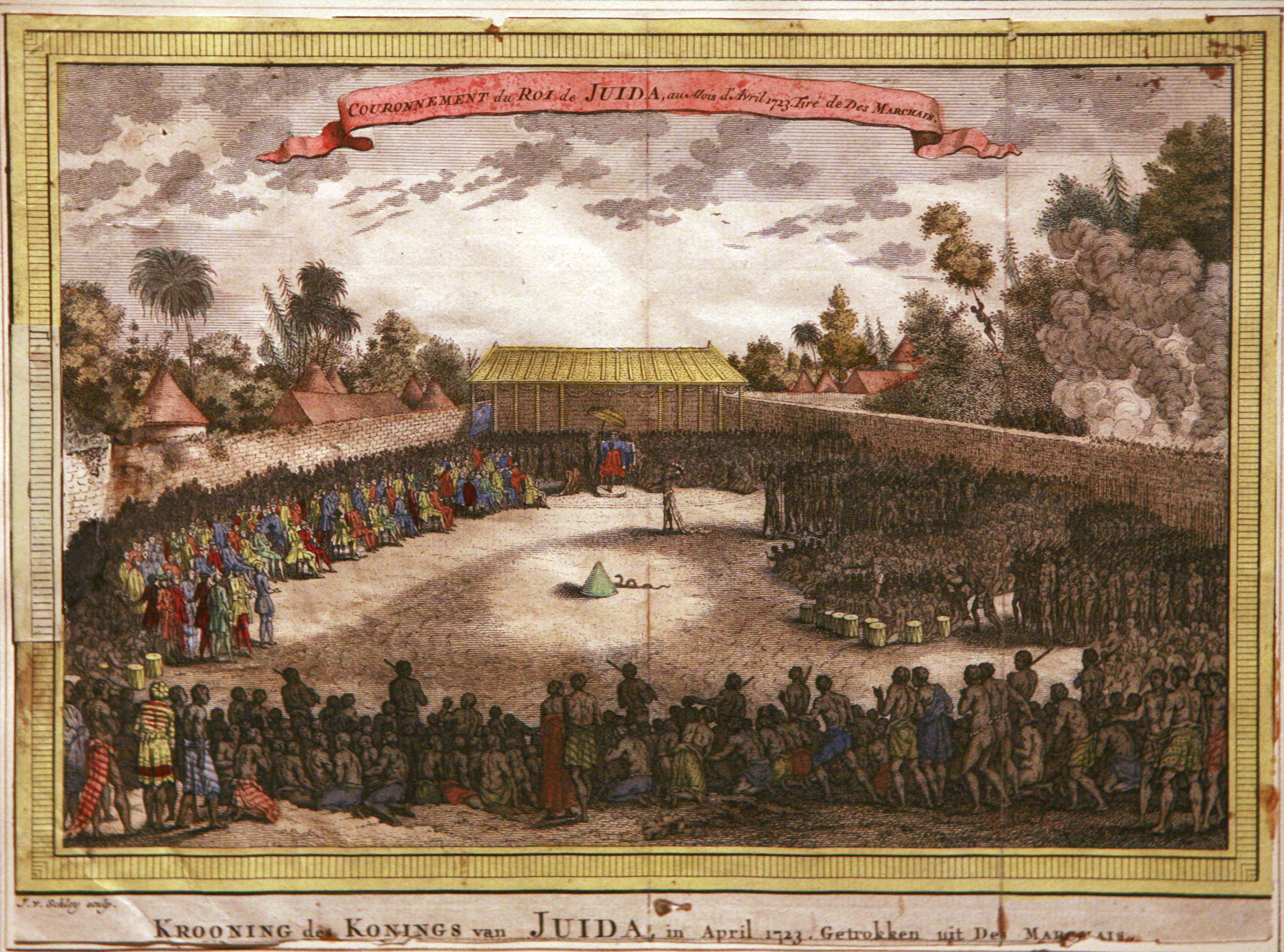 Crowning of the King of Whydah, april 1723, engraving by Jacob van der Schley/Jacob van Schley (1715-1779). Print from the book by "Des Marchais".

On display at the Musée de la Compagnie des Indes in Port-Louis