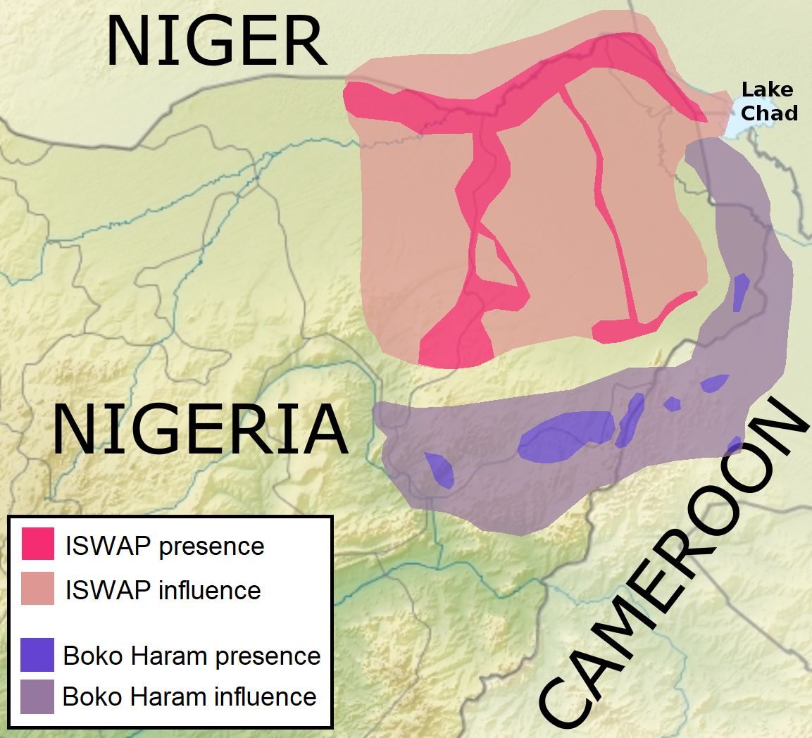Dark pink: Approximate presence of ISWAP (Islamic State's West Africa Province)
Light pink: Approximate influence of ISWAP
Dark violet: Approximate presence of Boko Haram (Abubakar Shekau's forces)
Light violet: Approximate influence of Boko Haram

Source: Islamic State, Seeking Next Chapter, Makes Inroads Through West Africa