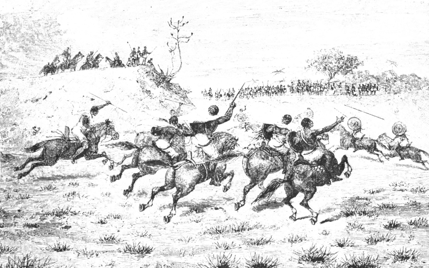 Ethiopian cavalry seen racing in the foreground as onlookers watch in the background.