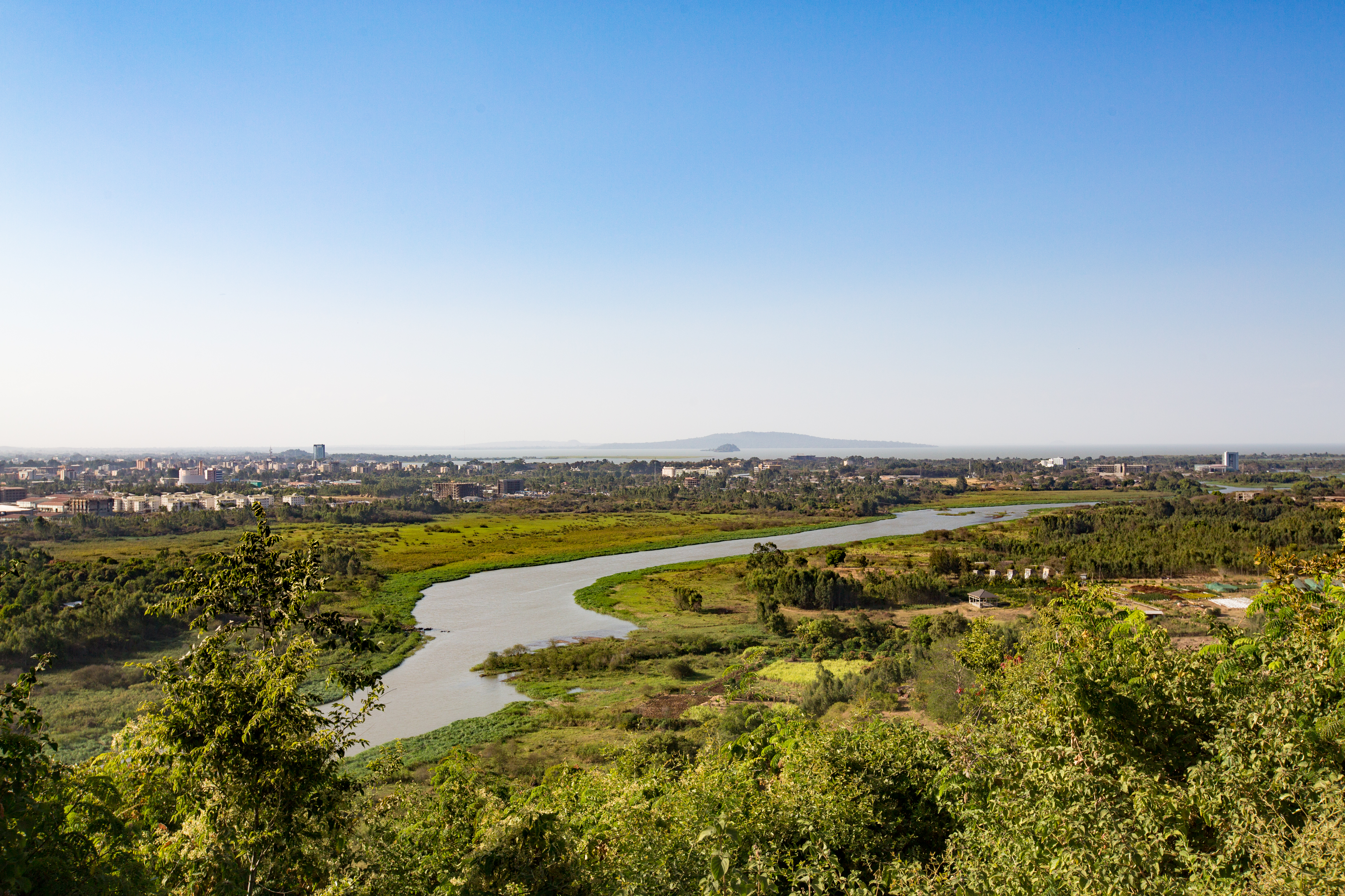 The Blue Nile with the city of Bahir Dar, Lake Tana and Dek Deset Island in the background