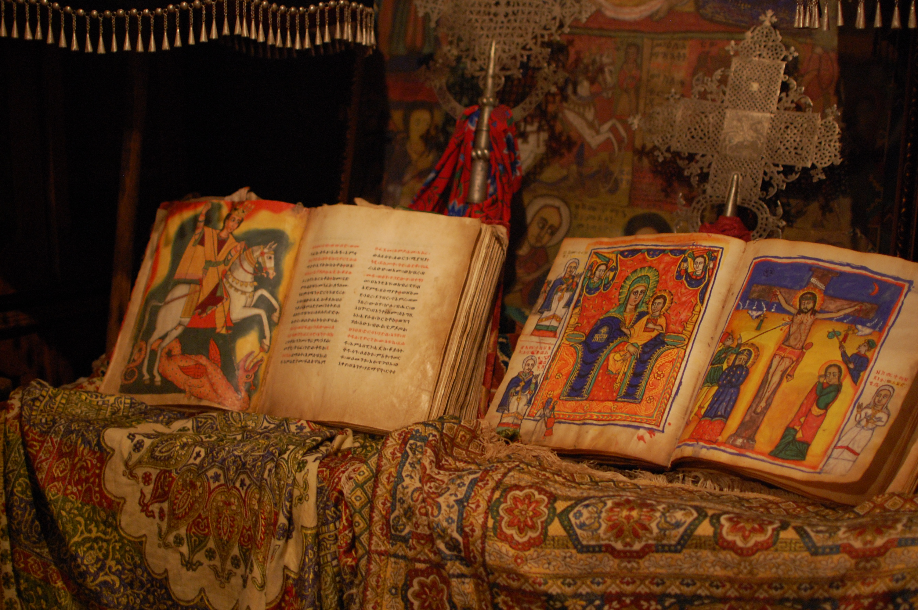 Books in the monastery museum of the Orthodox Church of Ura Kidane Mehret, Zege Peninsula, Ethiopia, 16th century.