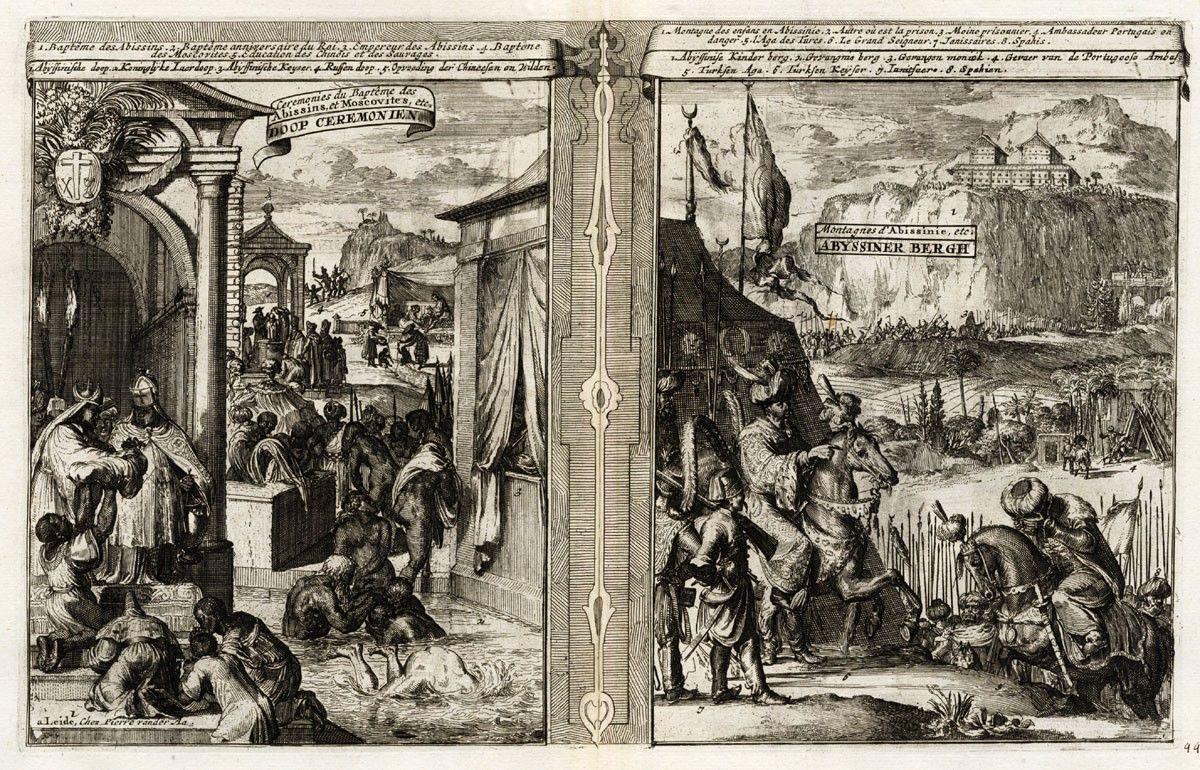 Medieval French and Dutch depiction of the baptism of the Abyssinians, Muscovites, and Chinese, along with the mountaintop fortress of Amba Geshen.