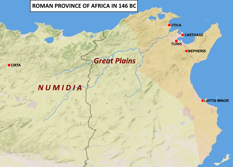 Conjectural territory of the Roman province of Africa in 146 BC, just after the conquest of Carthage. Source is W. V. Harris, "Roman expansion in the West", in J. A. Crook, F. W. Walbank, M. W. Frederiksen, R. M. Ogilvie (editors), The Cambridge Ancient History, vol. VIII, Rome and the Mediterranean to 133 B.C., Cambridge University Press, 1989, p. 144.