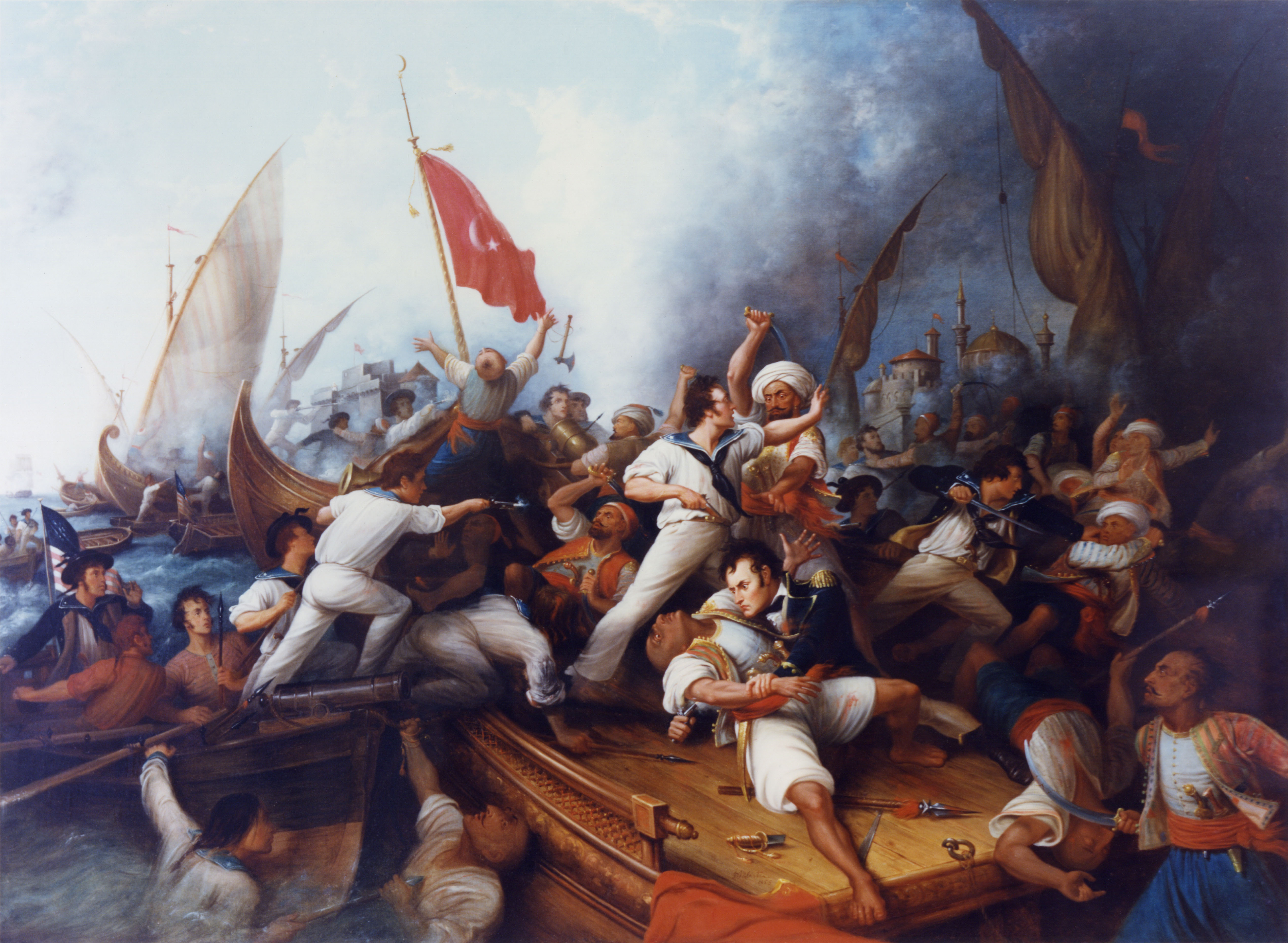 Oil painting of Decatur Boarding the Tripolitan Gunboat during the bombardment of Tripoli, 3 August 1804. Lieutenant Stephen Decatur (lower right center) in mortal combat with the Tripolitan Captain.