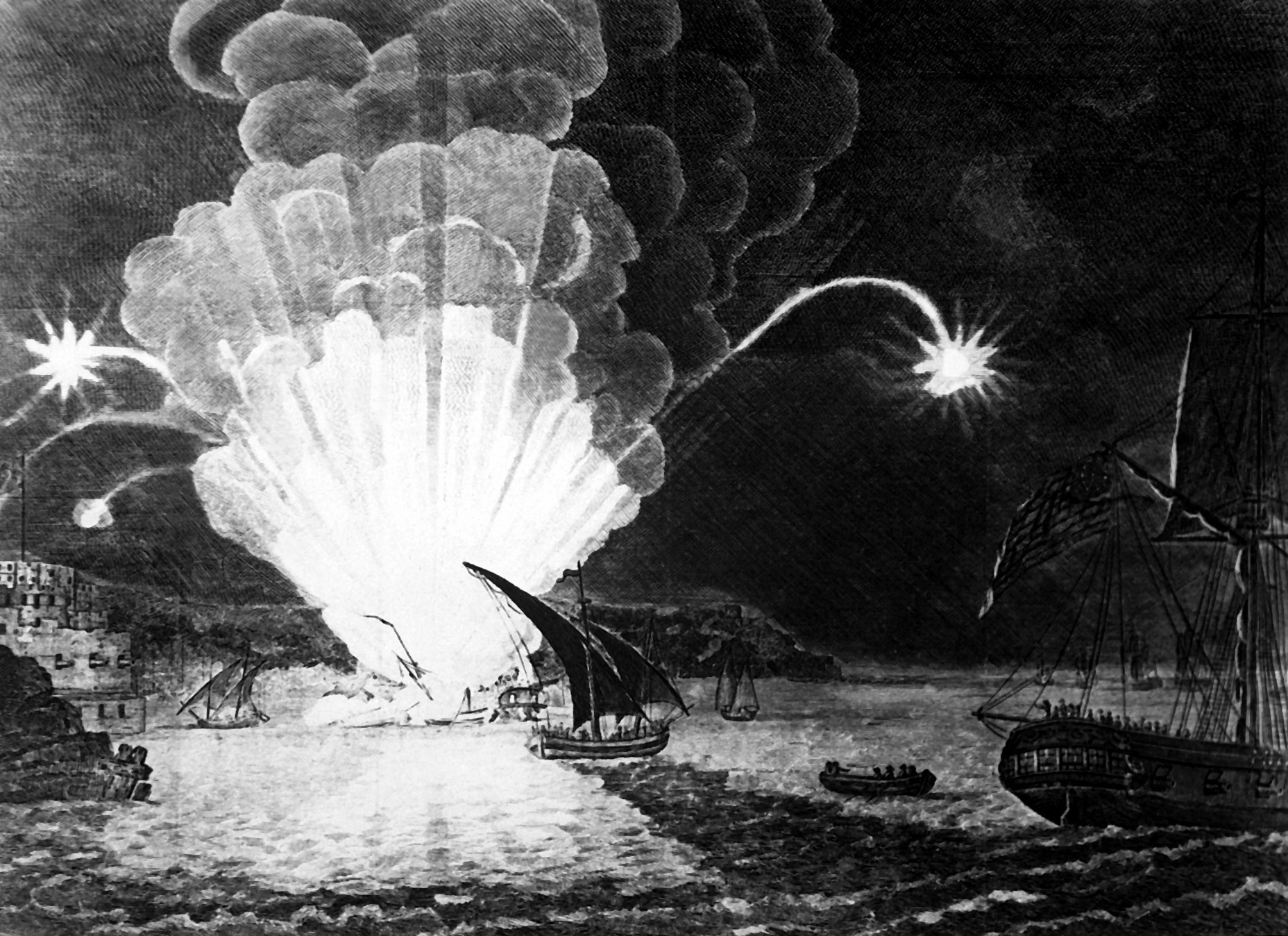 Blowing Up of the Fire Ship Intrepid commanded by Capt. Somers in the Harbour of Tripoli on the night of 4th Sepr. 1804. This . . . shows her blowing up with Somers and her entire crew. Copy of engraving, ca. 1810. (OWI) NARA FILE #: 208-LU-25F-10 WAR &amp; CONFLICT BOOK #: 74