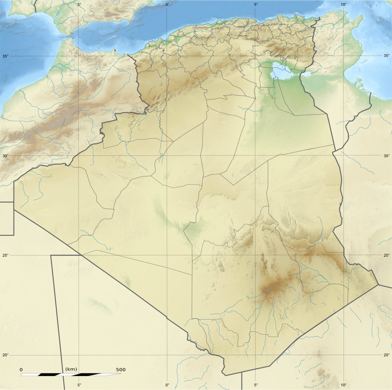 Blank physical map of Algeria, for geo-location purposes.