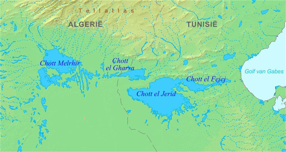 'n Kaart van Chott el Jerid in Tunisië.