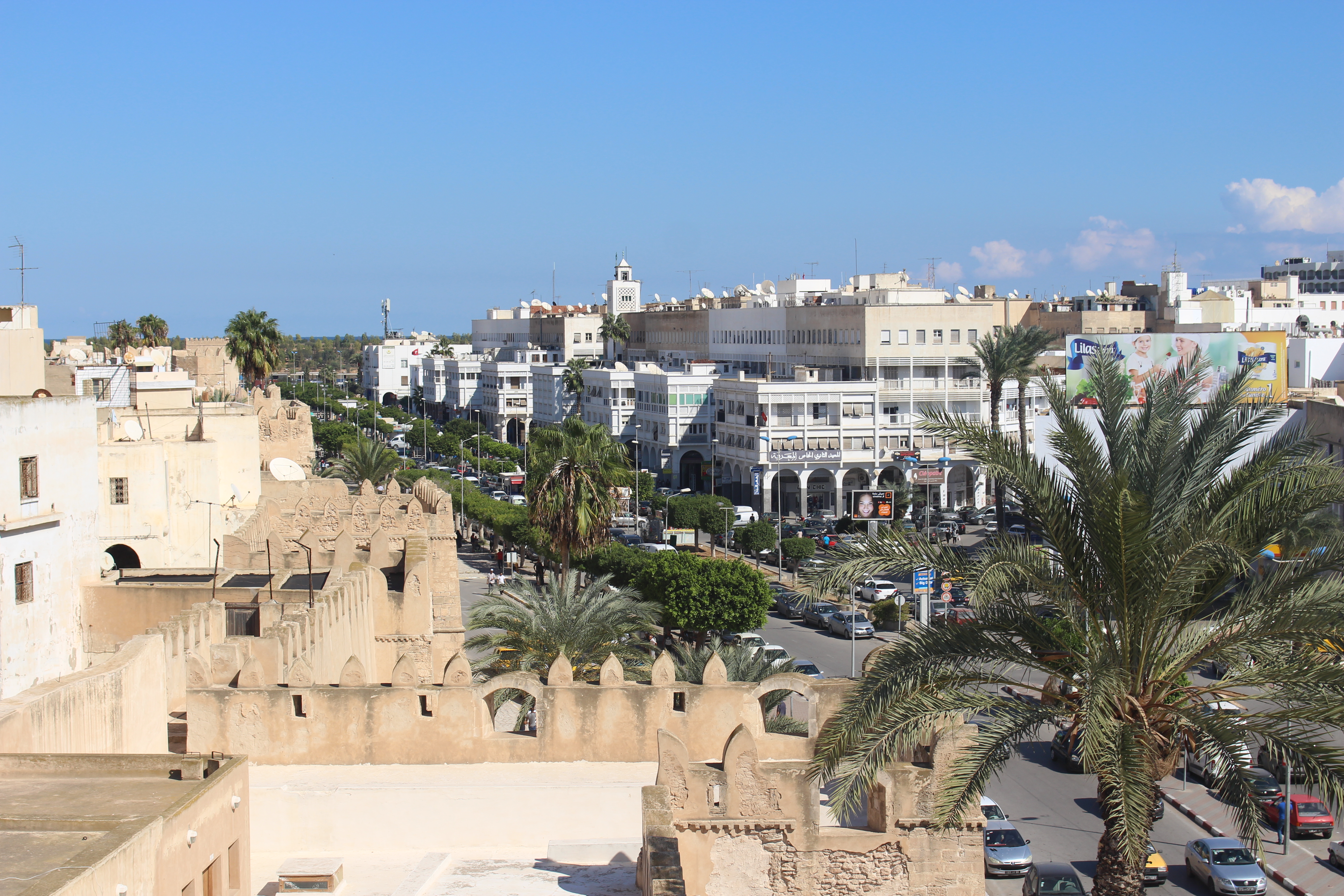 C'est une vue panoramique à partir d'une tour d'observation de la Casbah de Sfax. À partir de cette vue panoramique, on peut voir la muraille de Sfax, l'Avenue Ali Balhaouane et les bâtiments en regard avec l'Avenue Ali Balhaouane.