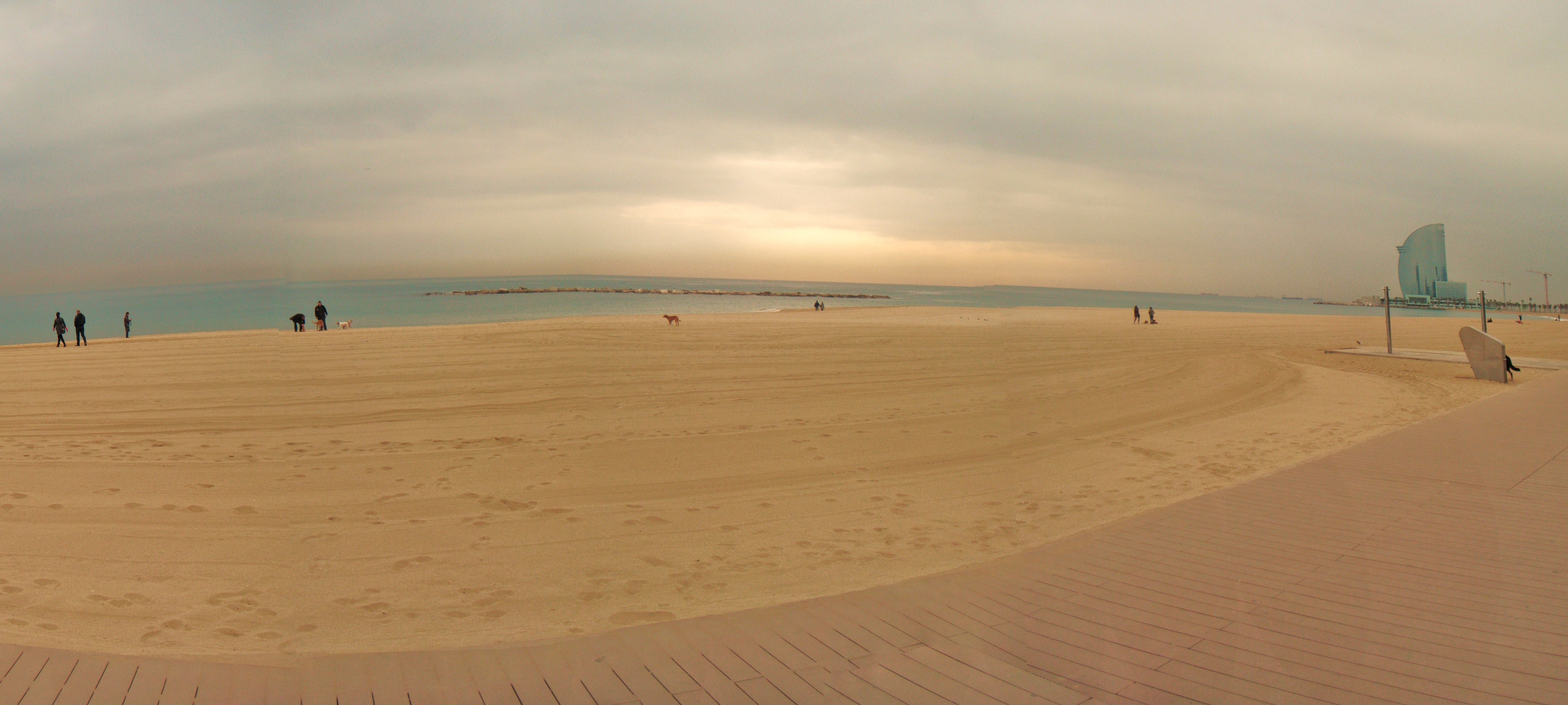 Deserted beach  of Barceloneta in February 2011
