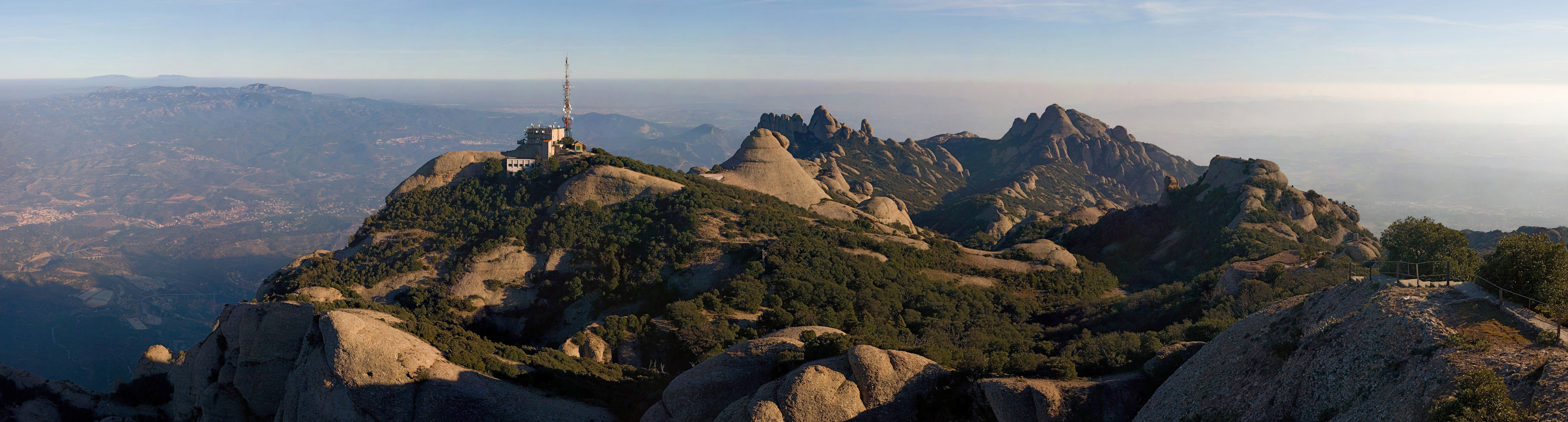 A panoramic view from St Jerome at 1236 metres above sea level on the mountains of Montserrat in Catalonia, Spain. Taken with a Canon 5D and 70-200mm f/2.8L lens. This is a multi segment panorama.