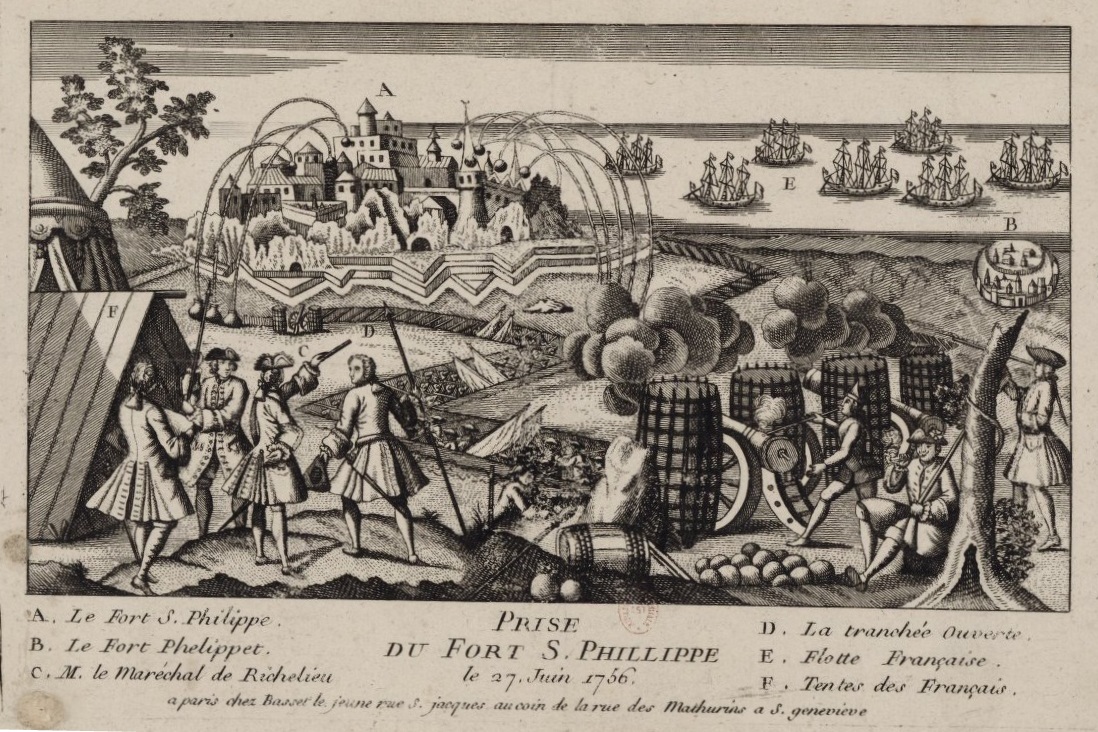 Siege and capture of Fort St. Philip in Minorca in 1756 after the successful landing of the troops of Marshal Richelieu, and the naval victory of La Galissonière against Admiral Byng.