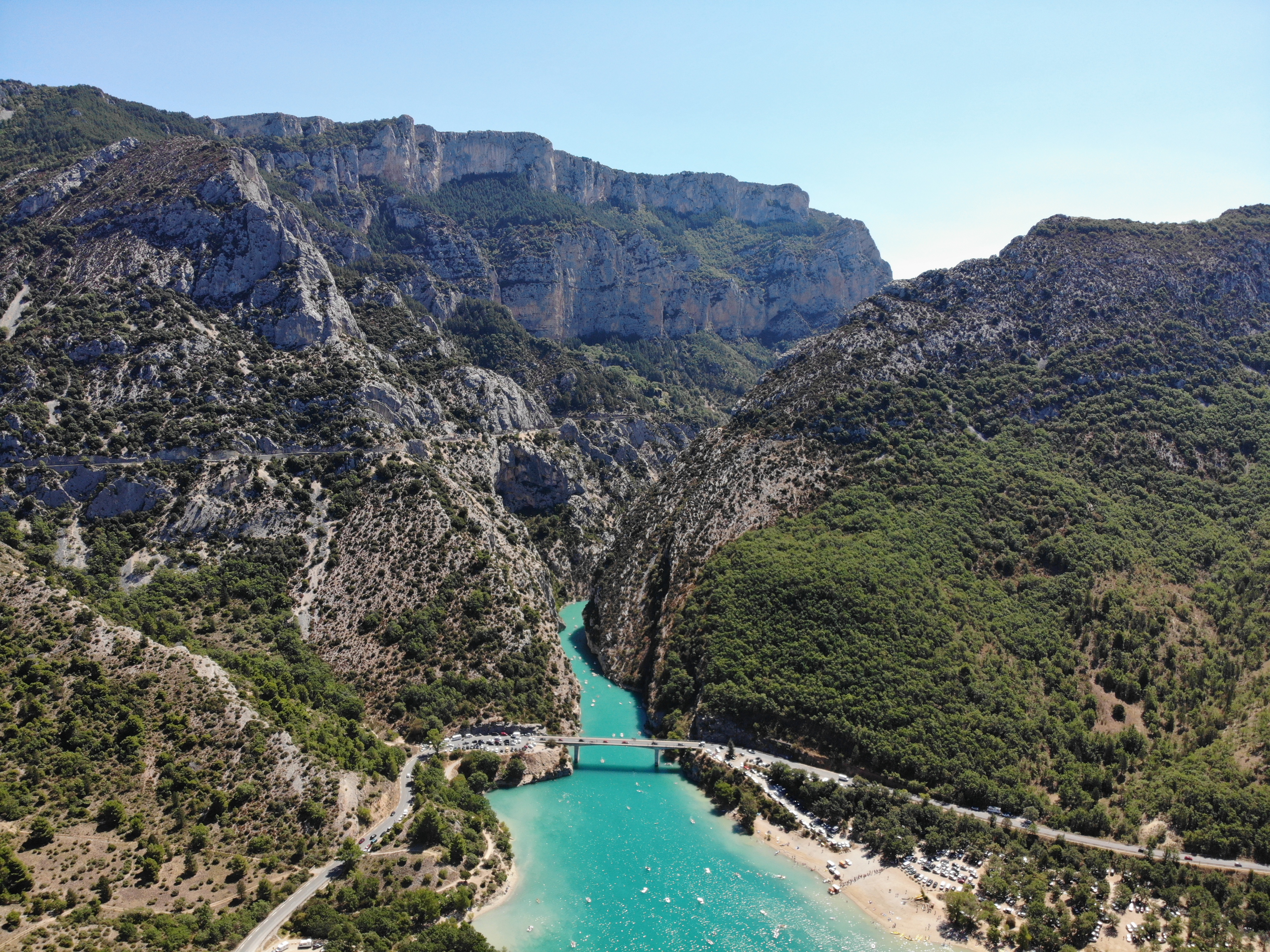 Aerial photograph of the outlet of the Verdon gorge, France, with the Galetas bridge at the center.