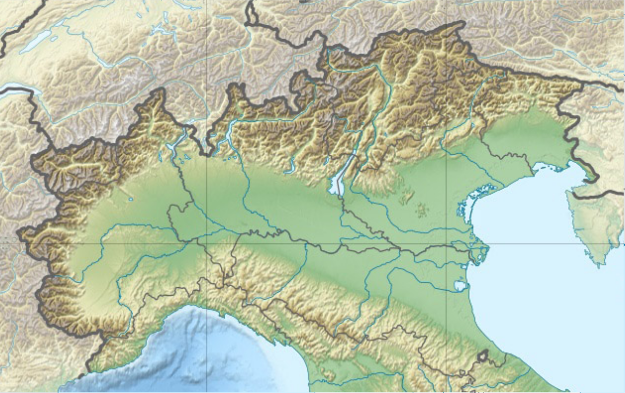 Blank physical map of Northern Italy, for geo-location purpose.