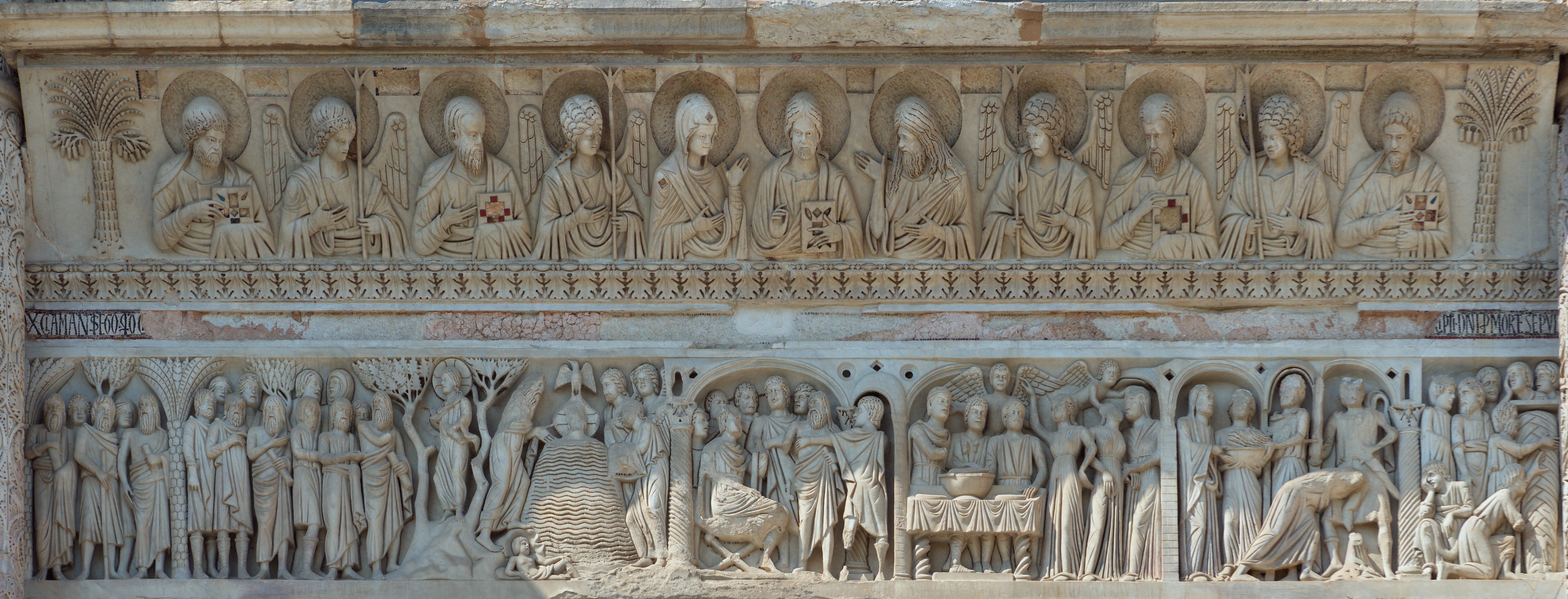 The upper part is slightly bend over and shows half-figures in byzantine style. Christ in the middle flanked by Maria and St. John the Baptist on his right side, and the evangelists alternating with angels. The lower architrave depicts scenes from the life of St. John the Baptist: his sermon, the baptism of Christ, the incarceration on behalf of Herod, Salome dancing, his beheading and his burial. The architraves are probably by the same artists who also did the foiled columns and the reliefs on the jambs framing the portal. Only the north portal has also figurative decoration on its architrave.