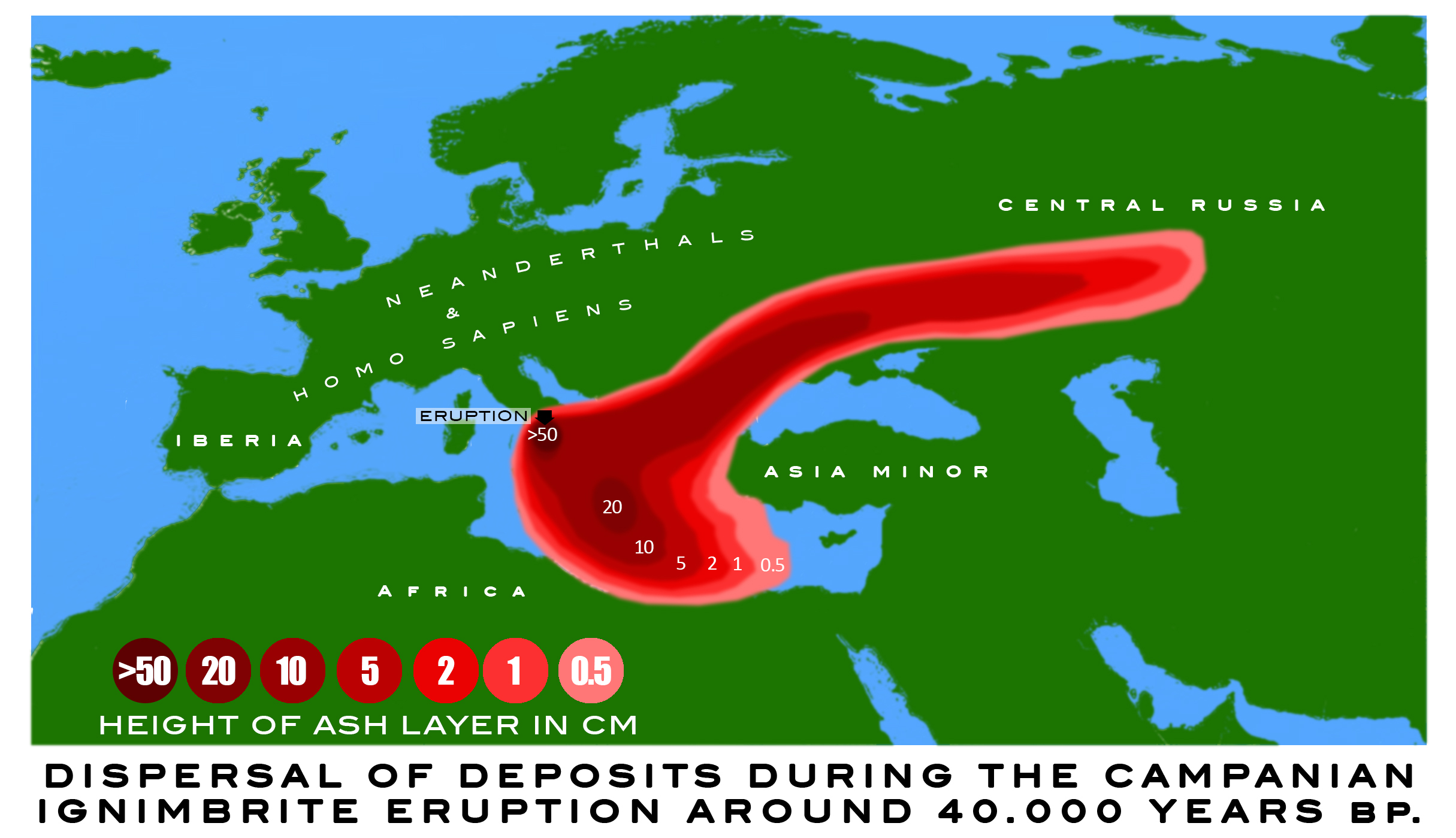 graphic of deposit dispersal during the Campanian Ignimbrite Eruption 40.000 years ago based on [1]