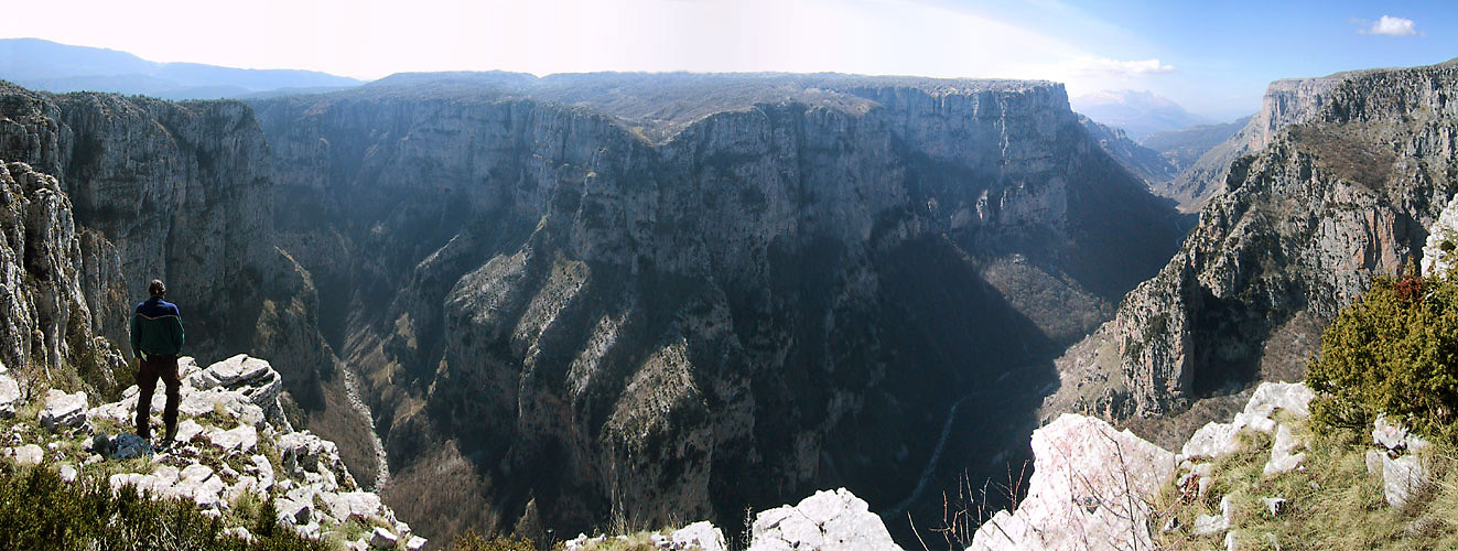 The Vikos gorge, Vikos-Aoos National Park, Epirus, Greece. Panorama of several photos, ranging approximately 180 degrees.