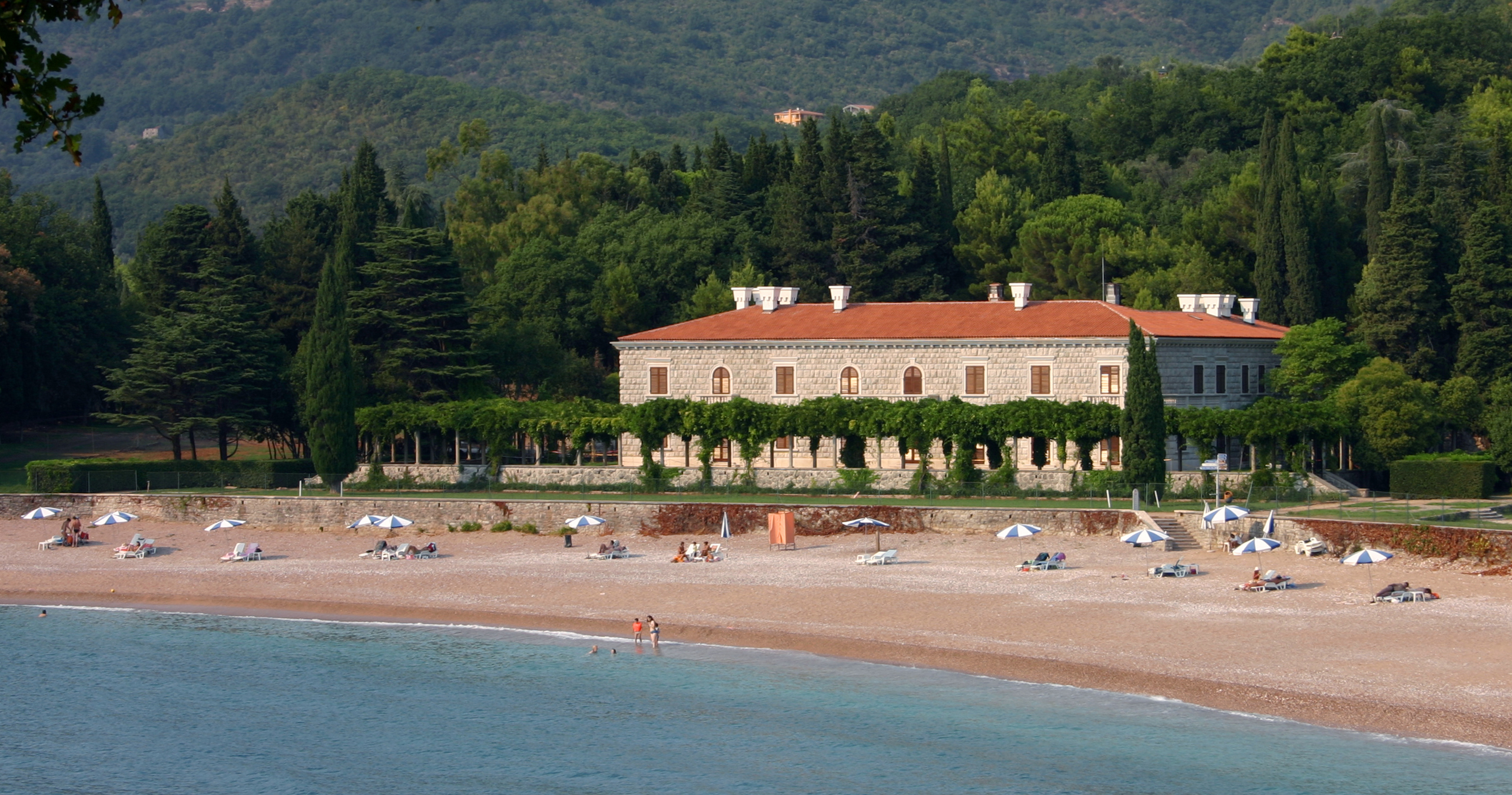 Villa Miločer, the former summer residence of Queen Marija Karadordevic (1900–1961) opposite the island of Sveti Stefan, Montenegro (at the moment functioning as a luxury resort)