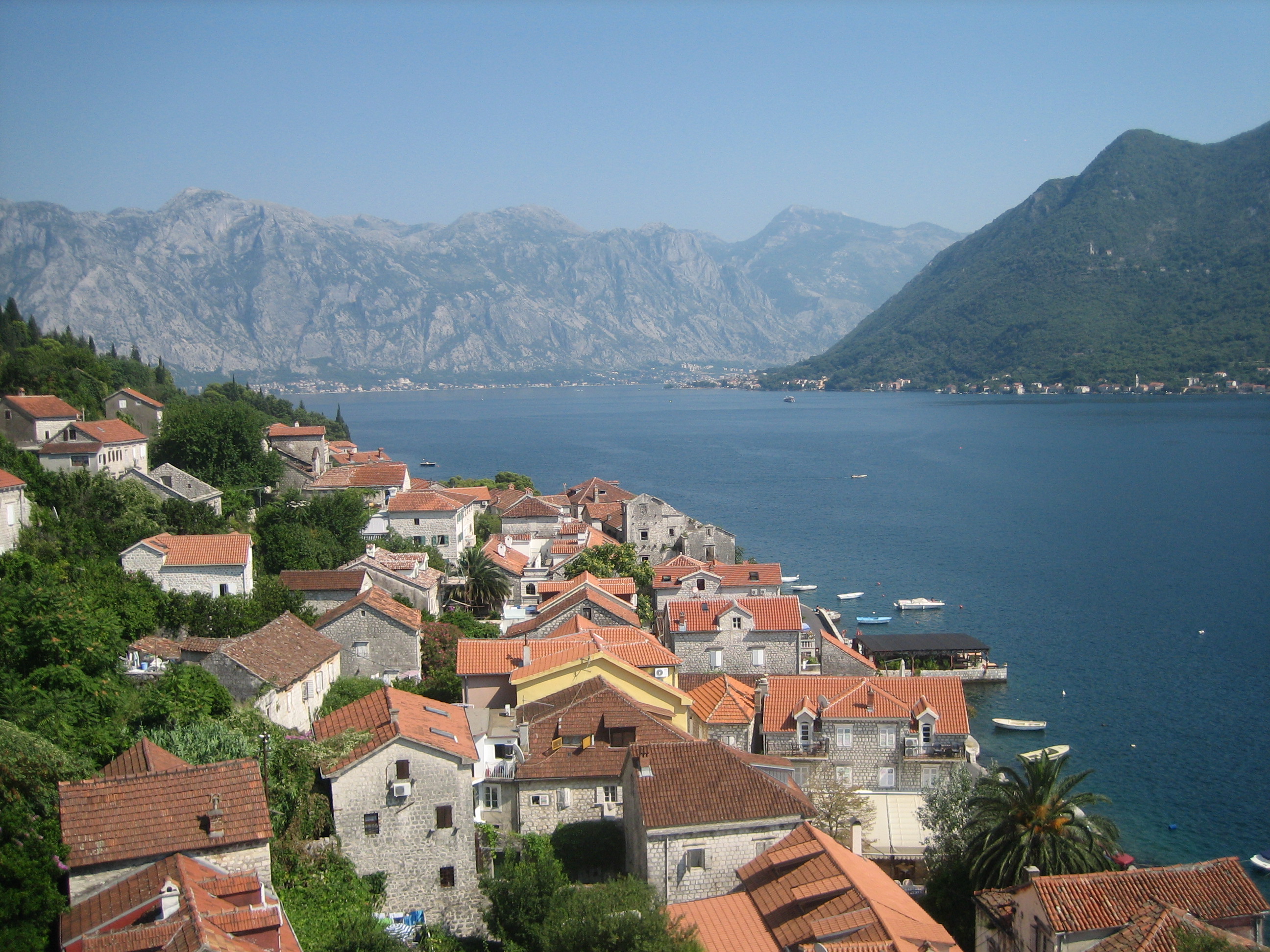 The village of Perast, Kotor, Montenegro, and the surrounding Bay of Kotor as seen from the belfry of its Saint Nicholas' Church