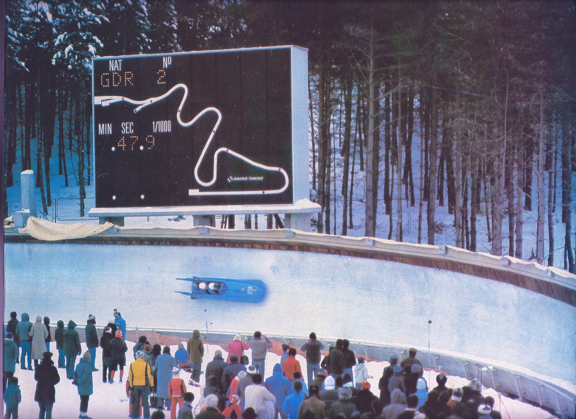 The German Democratic Republic four-man bobsled number 2 sled races through the final curve 13 during the 1983 European Bobsleigh Championships at the Mt. Trebevic Bobsleigh &amp; Luge Track.