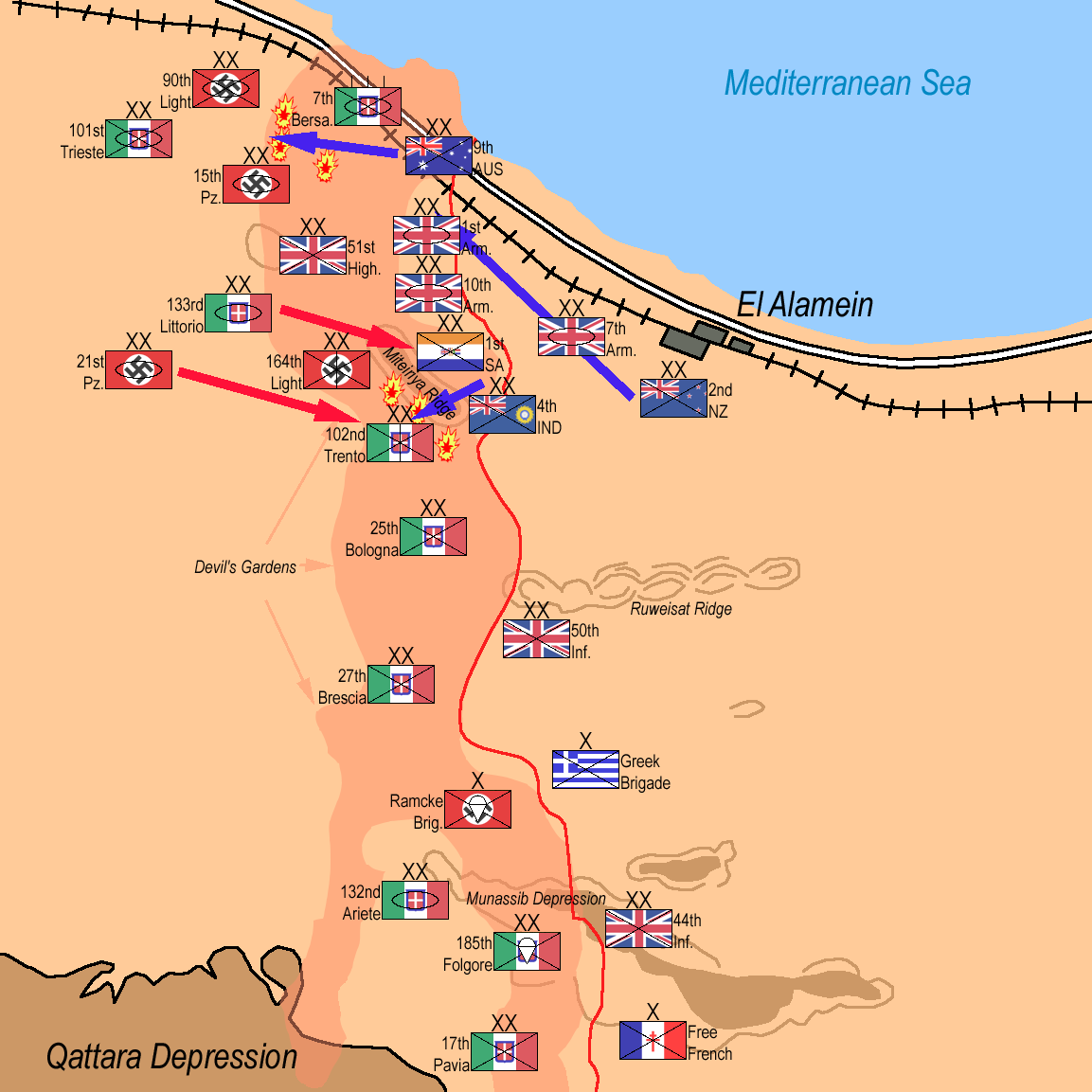Second Battle of El Alamein:

Trento Division under heavy attack by 1st South African Division and 4th Indian Division falls back. 21st Panzer Division and Littorio Armoured Division counterattack and stabilze Axis front: October 28th, 1942.
2nd New Zealand Division moves behind 9th Australian Division. October 28th, 1942.
Australian 9th Division attempts to break through Axis lines west of Hill 28: 10am October 28th, 1942.