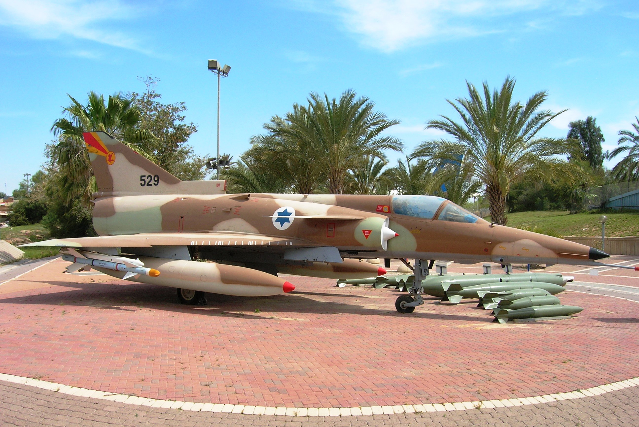 An IAF and Israel-made IAI Kfir C.7 of 144 Squadron "Phoenix", first at Ovda Airbase and then at Hatzor Airbase, now at the Israeli Air Force Museum near Hatzerim Airbase