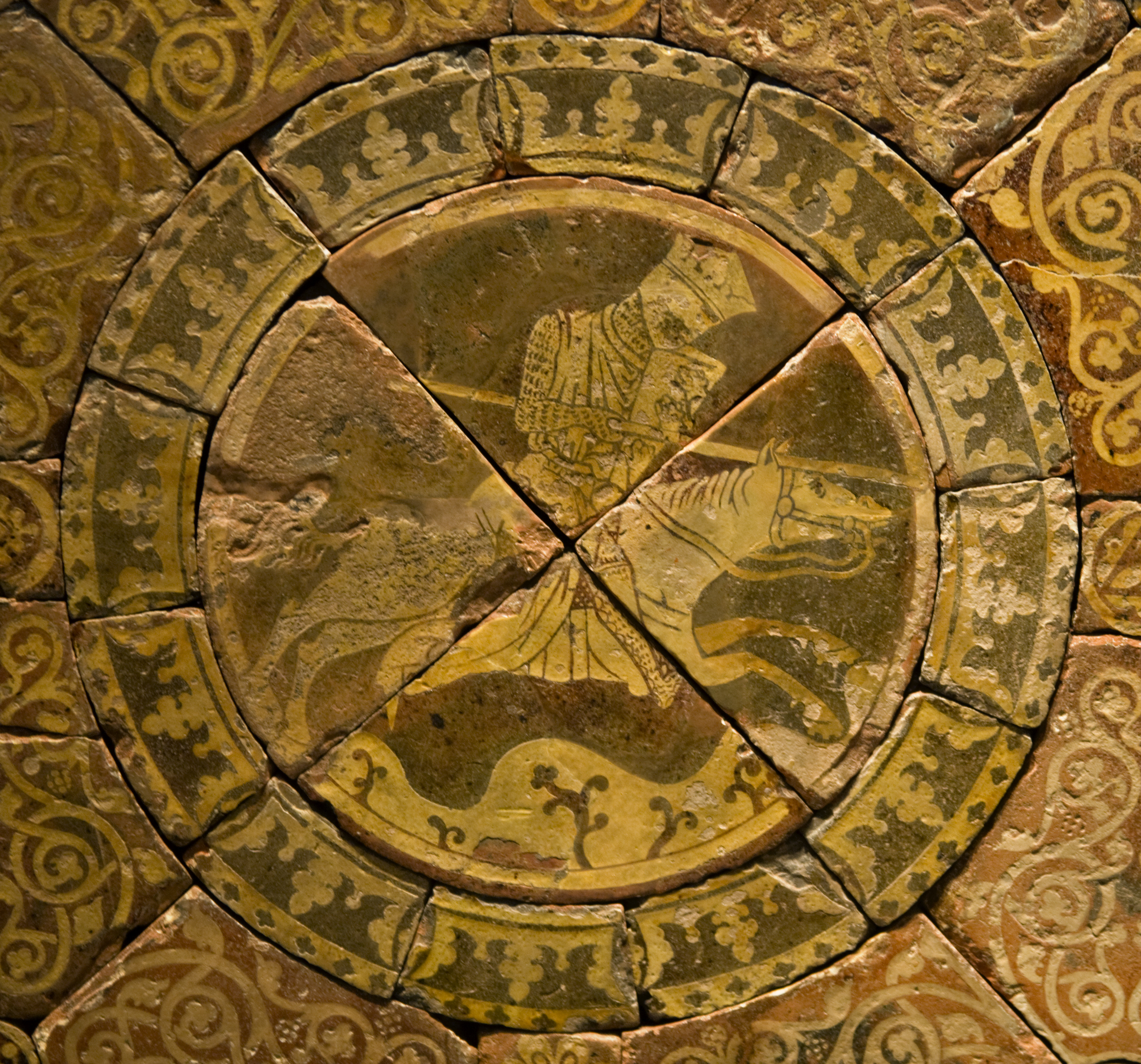 Tiles depicting Richard I of England, part of a set also including Saladin, now in the British Museum. Tag on exhibit states: "Tiles showing Richard and Saladin." and "About 1250-60, Chertsey, England, Earthenware, lead-glazed. PE 1885,1113.9051-60;9065-70 Given by Dr. H. M. Shurlock." See BM database entry for more details.