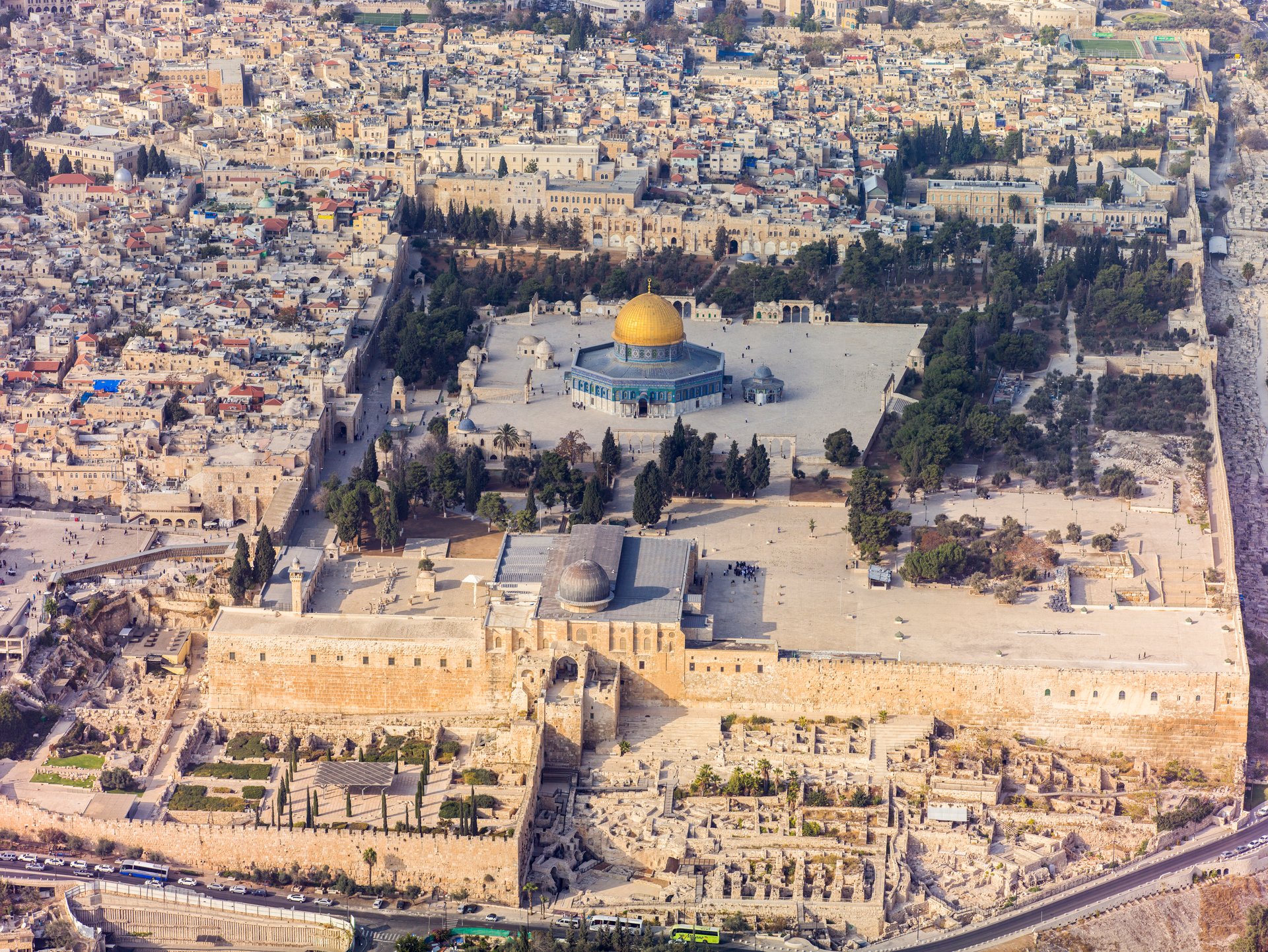 Southern aerial view of the Temple Mount (Hebrew: הַר הַבַּיִת‎, Har HaBáyit, Arabic: الحرم الشريف‎, al-Ḥaram al-Šarīf), showing, Al-Aqsa Mosque (Hebrew: הַר הַבַּיִת‎, Arabic: المسجد الأقصى المبارك‎) in the Old City of Jerusalem (Hebrew: העיר העתיקה‎, Arabic: البلدة القديمة‎). Annotated in the foreground is Al-Aqsa Mosque (Arabic: ٱلْمَسْجِد ٱلْأَقْصَى). Al-Aqsa Mosque is considered to be the third holiest site in Islam after Mecca and Medina.  Behind are The Dome of the Rock (Hebrew: כיפת הסלע, Arabic: مسجد قبة الصخرة‎) and to the right, The Dome of the Chain (Arabic: قبة السلسلة, Qubbat al-Silsila), constructed during the Umayyad Caliphate (c. 685 AD) and served as a model for the building of the Dome of the Rock (c. 691 AD). The Temple Mount, which is called by Muslims Al-Aqsa Mosque, is considered to be the premier holy site in Judaism as it is the place where the first and second Temples stood.