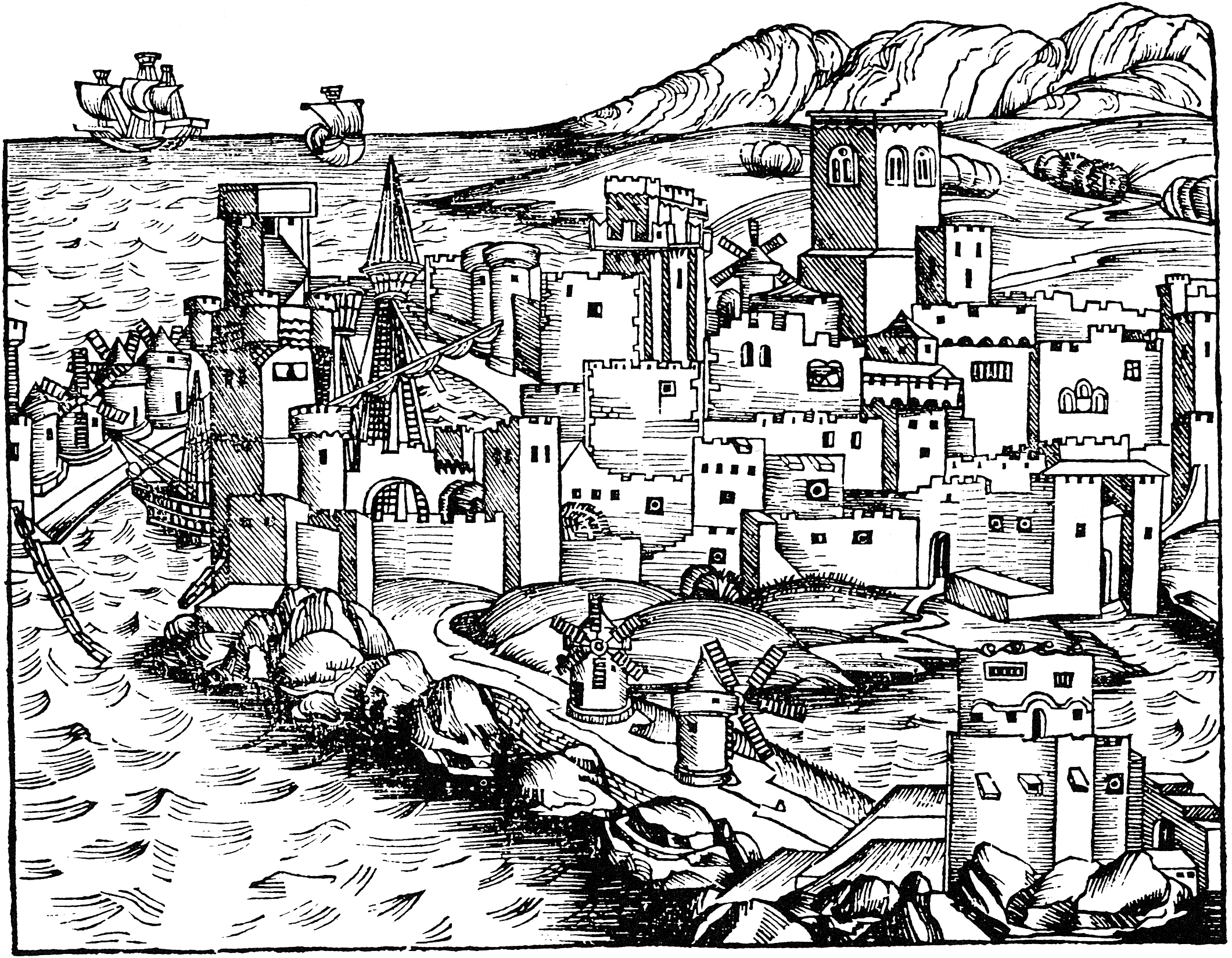 View of Rhodes (i. e. Rhodos, Rhodus), capital of the Greek island of the same name, around 1490. The realistic details are noteworthy; e.g. the windmills around the town, esp. at the seaside.