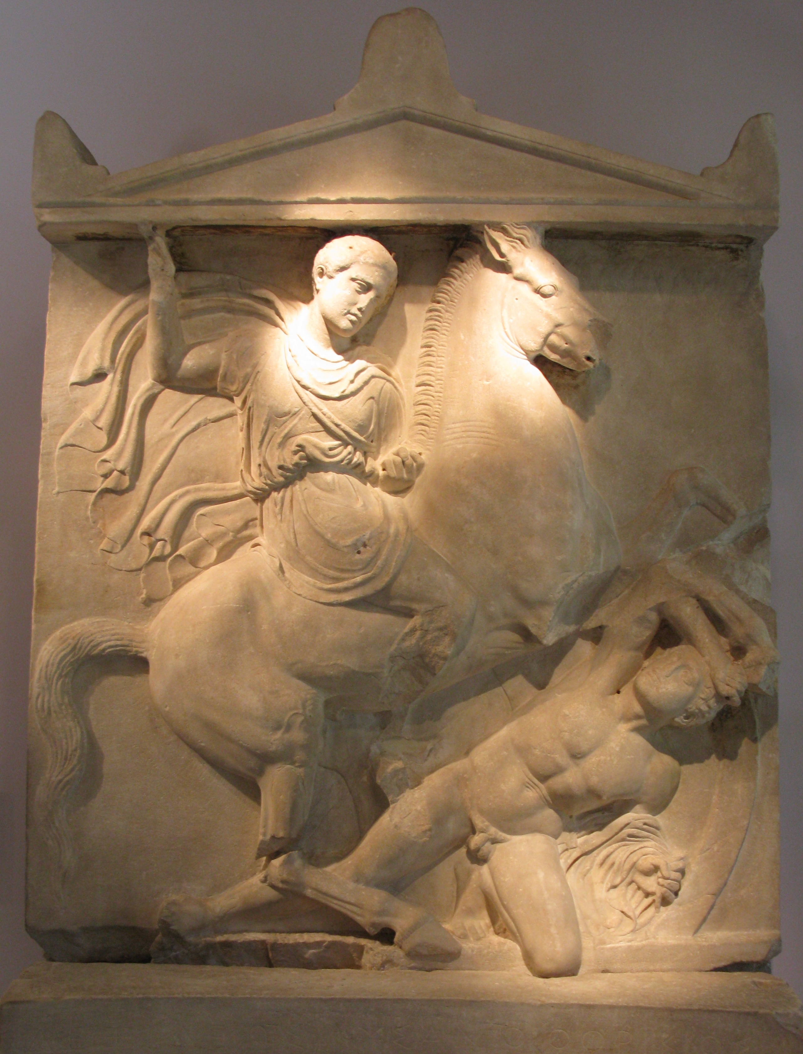 Grave relief of Dexileos, son of Lysanias, of Thorikos (ca. 390 BC).  On the pedestal is carved the inscription: