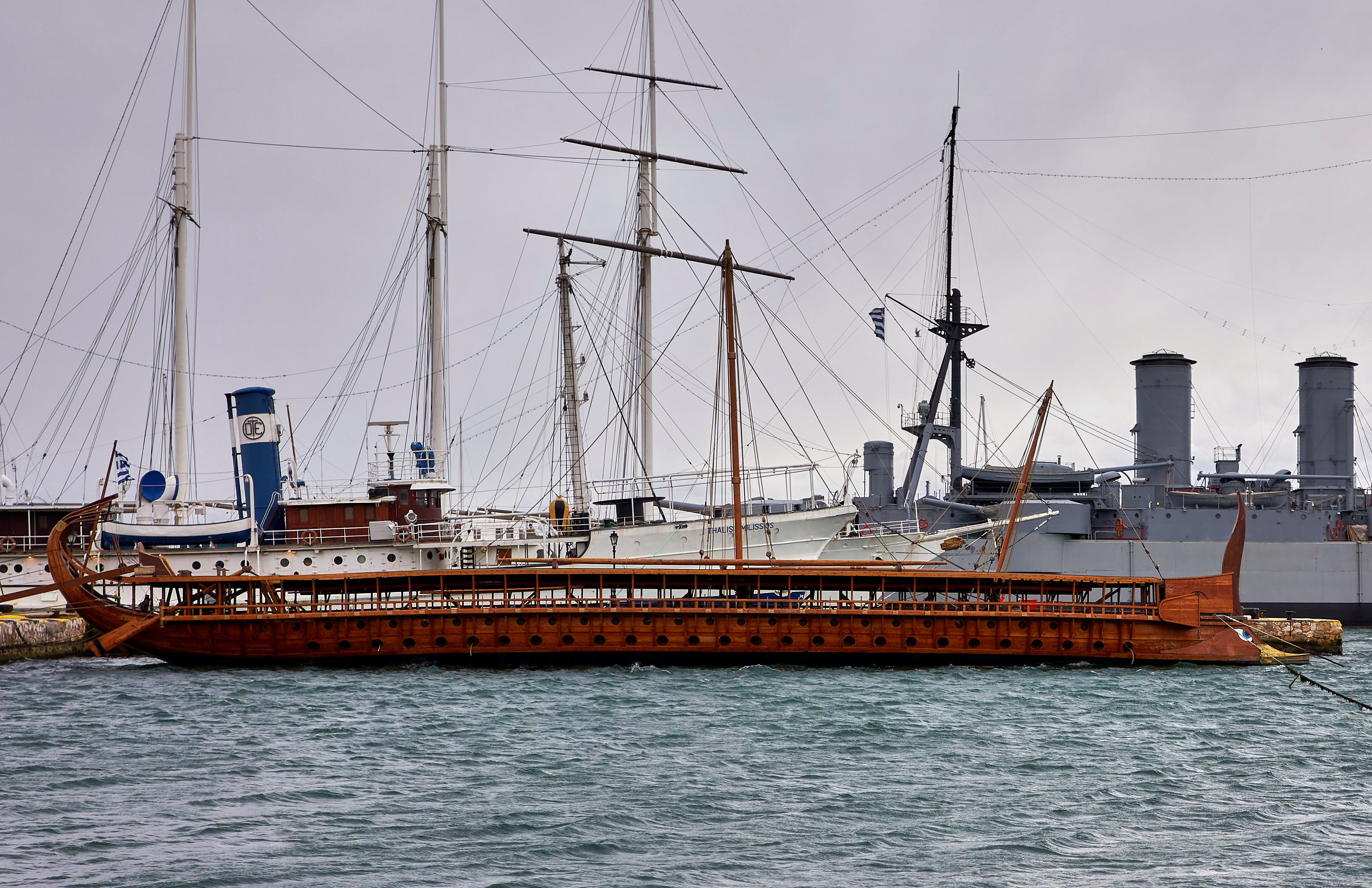 The reconstructed ancient Athenian trireme, Olympias. Flisvos Marina, Paleo Faliro, Attica, Greece.