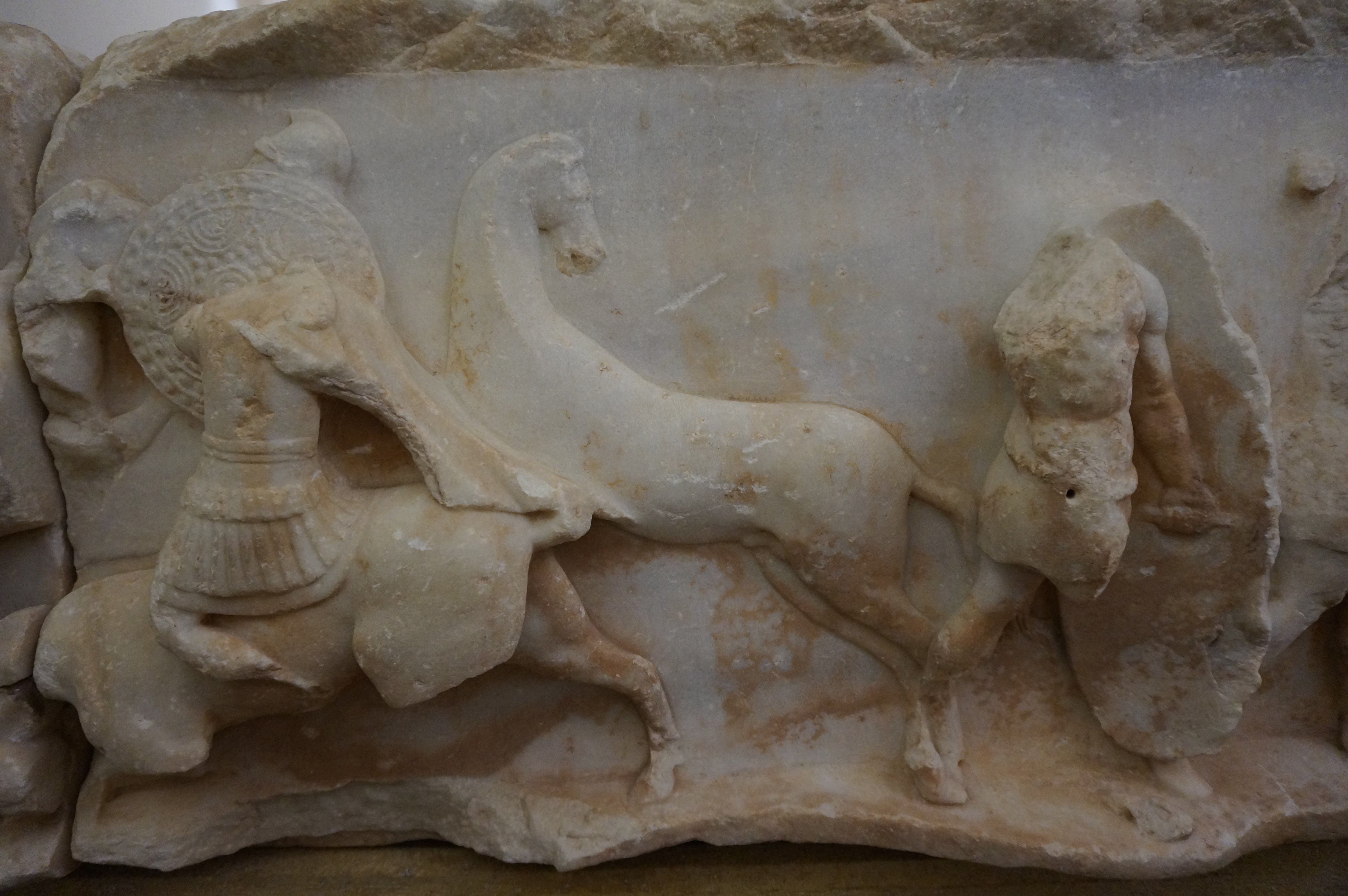Unsaddled horse at the center of the Aemilius Paulus monument in Delphi, representing the start of the Battle of Pydna.